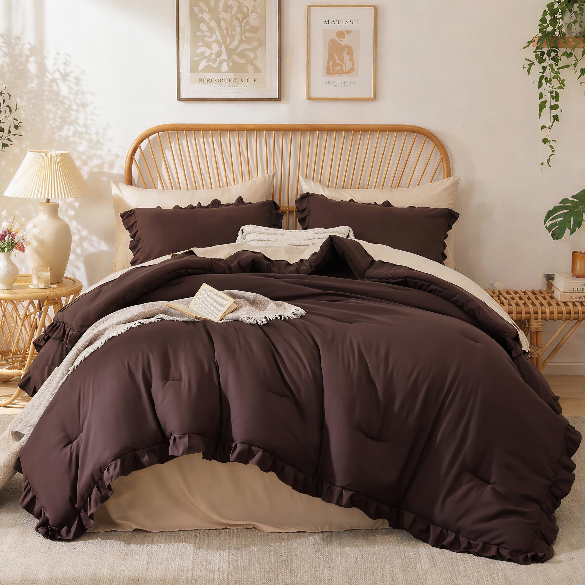 JANZAA Brown Comforter Set Full, Ruffle Soft Bedding