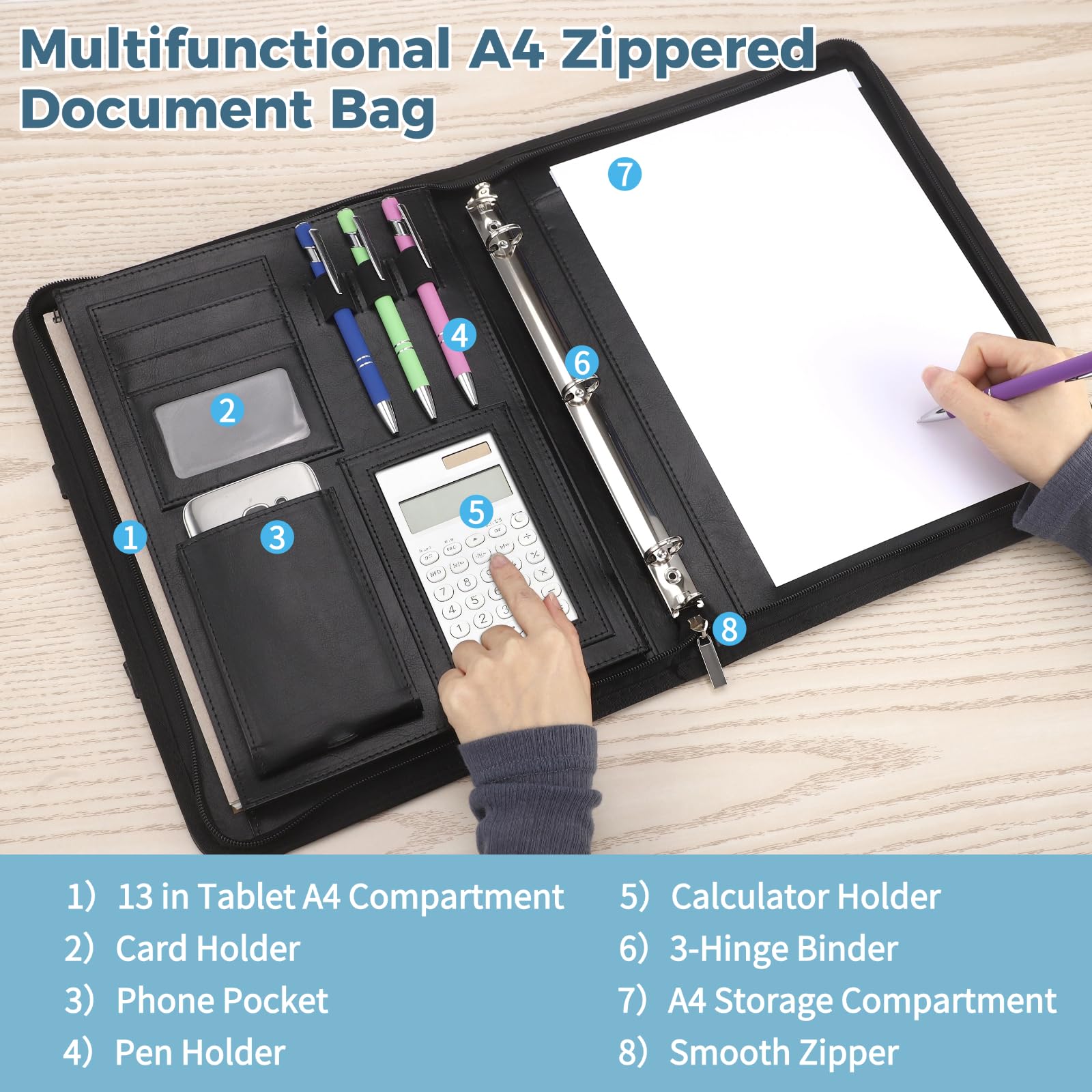 Organiseur padfolio en cuir PU avec fermeture zippée, classeur à 3 anneaux, porte-documents A4, emplacements pour cartes et stylo, poche pour calculatrice, pour entretiens et réunions