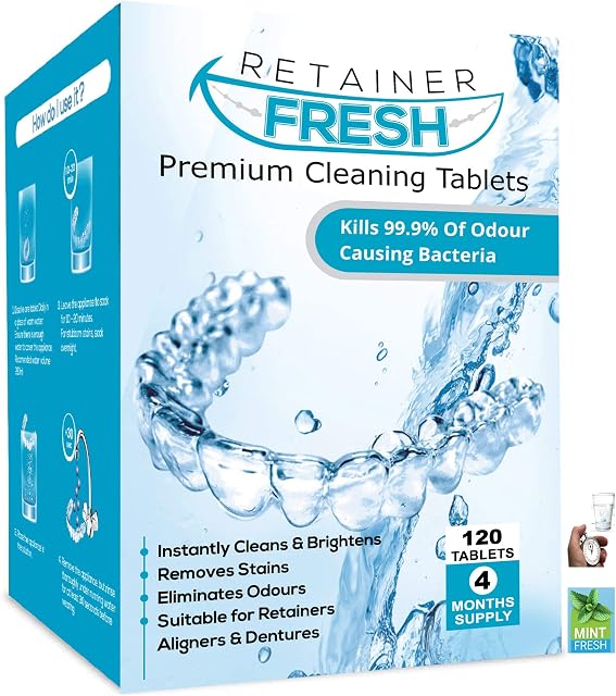 Retainer Cleaning Tablets - 120 Tablets 4 Months Supply Retainer Fresh, Brite, and Stain-Free - Retainer Cleaner Tablet, Invisalign, Mouth Guard, Dentures, Aligners