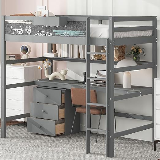 HABITRIO Twin Size Loft Bed with Desk, Wood Twin Size Loft