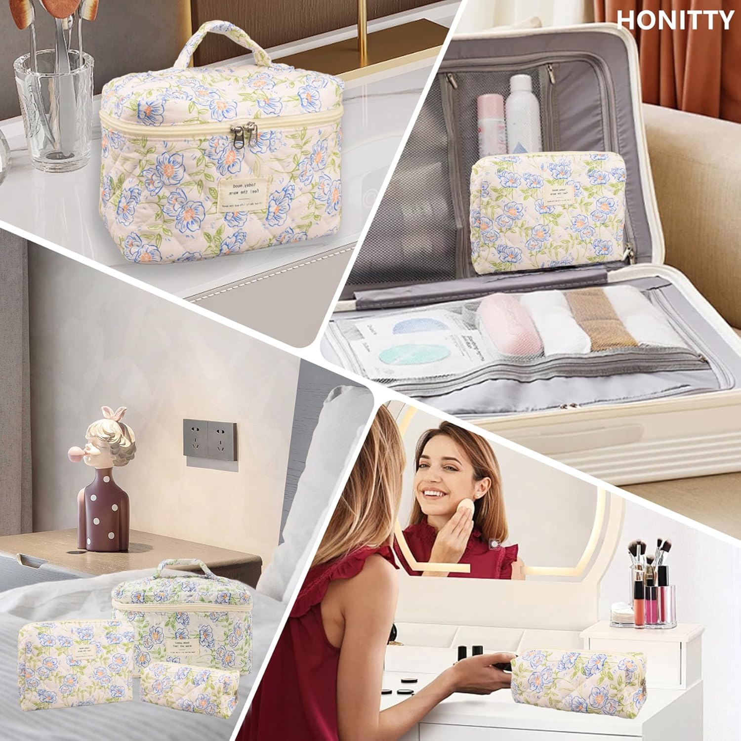 Makeup Bag,Quilted Cosmetic Bags,Large Floral Make Up Organize bag,Makeup Bag Set for Women,Flower Travel Toiletry Bag - Image 6