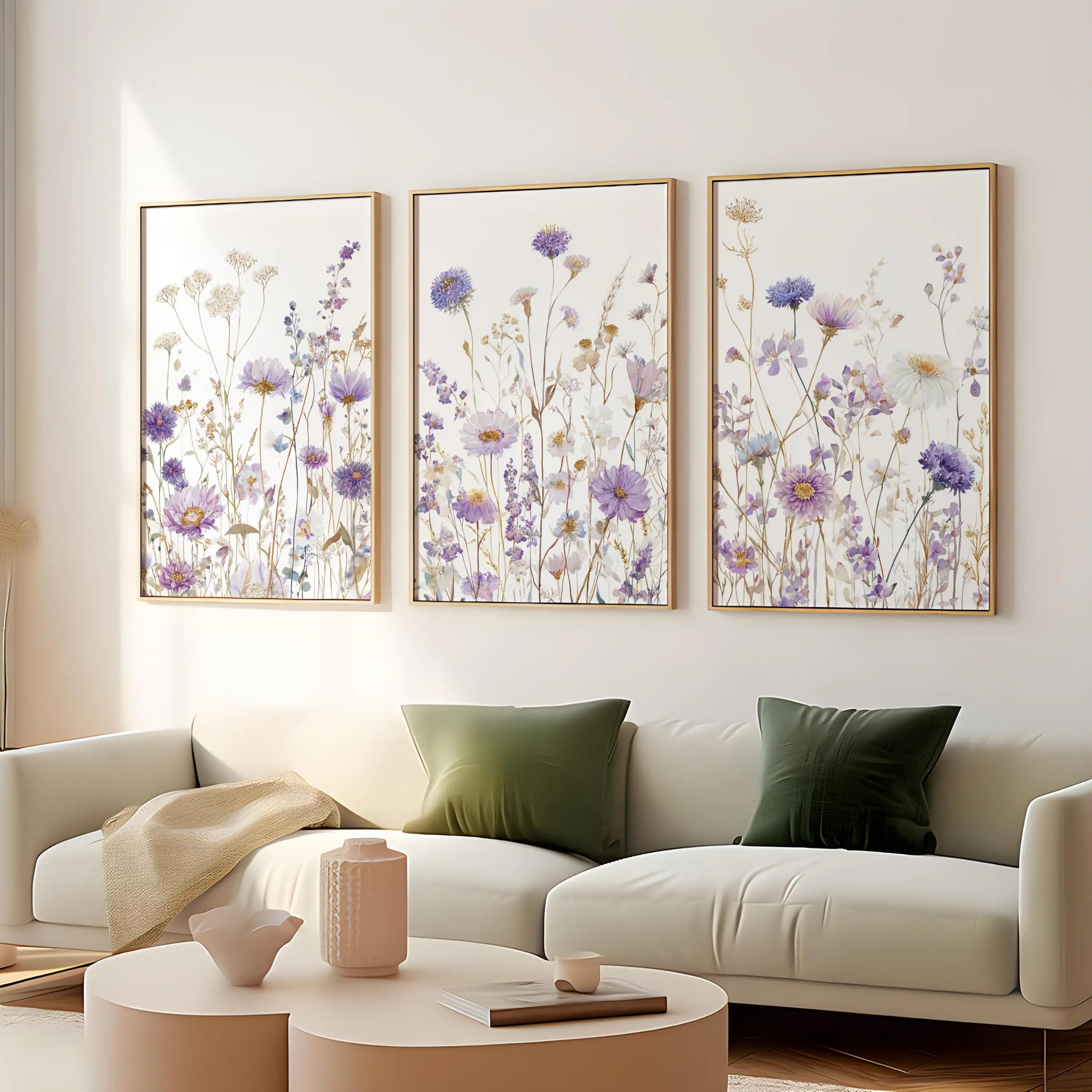 LTjiajuypd Botanische Wandkunst mit Wildblumenmotiven, neutrales Lila, florale Drucke mit Trockenblumen für das Zimmer (60x80cm-3-teilig)