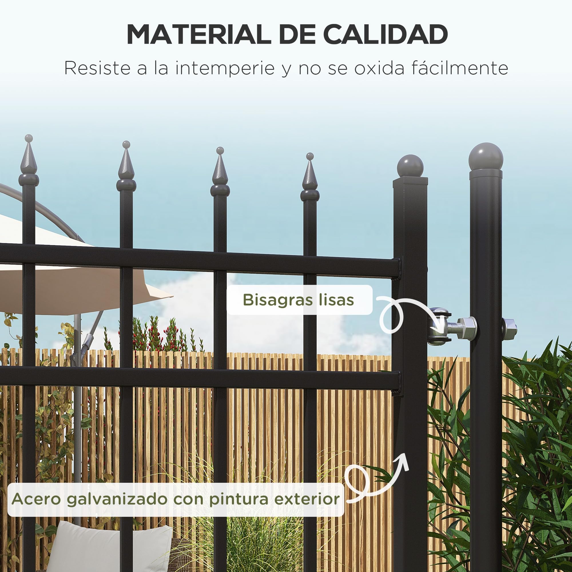 Outsunny Puerta de Jardín Puerta para Valla de Acero Galvanizado con Decoración de Flechas Cerradura y Llaves Puerta para Exterior Patio 107x204 cm Negro