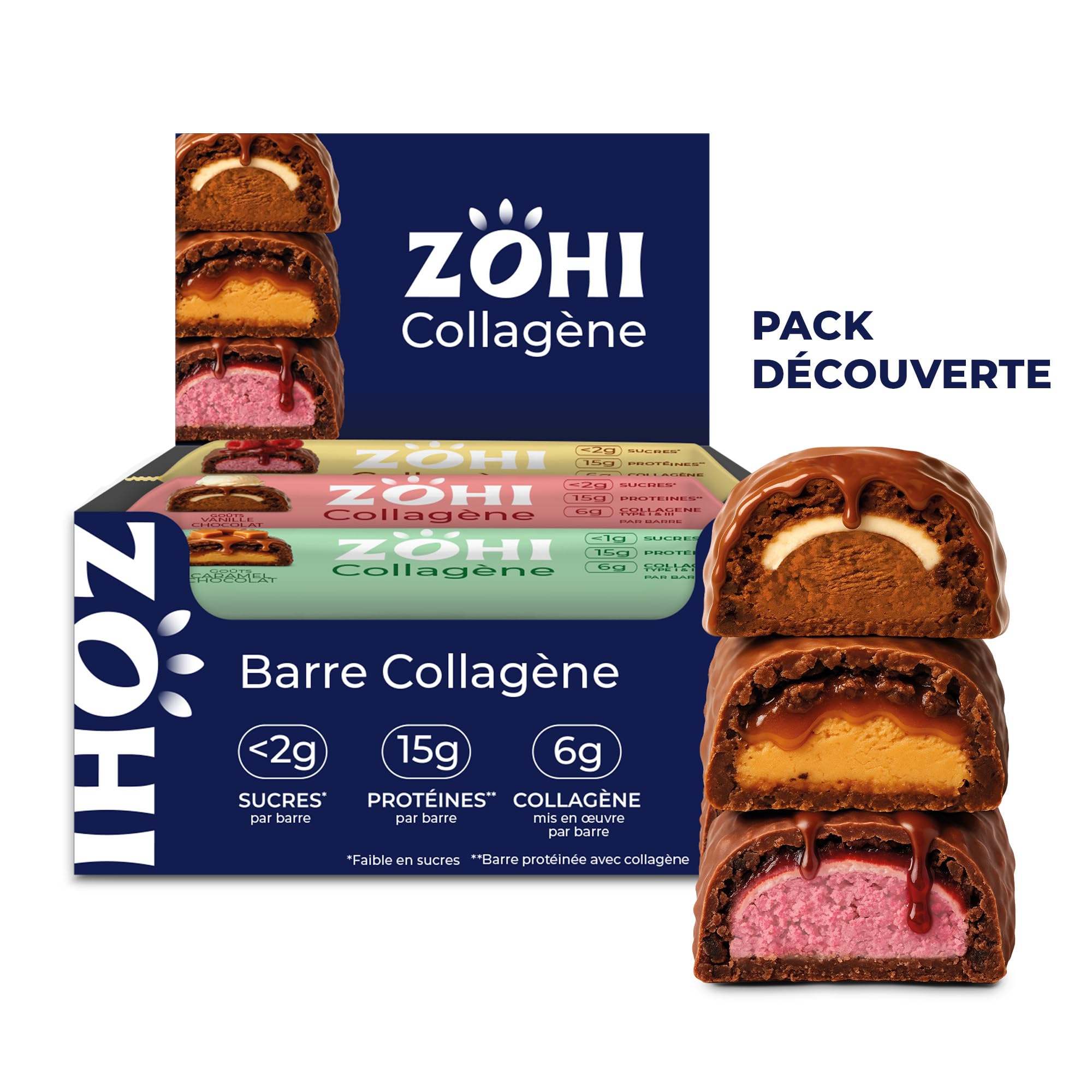 ZOHI - Pack Découverte de 12 barres aux 3 Saveurs - Barres au Collagène Riche en Protéines et Faible en Sucre Saveurs Chocolat et Vanille, Chocolat et Caramel, Bien-être - 12 x 50g