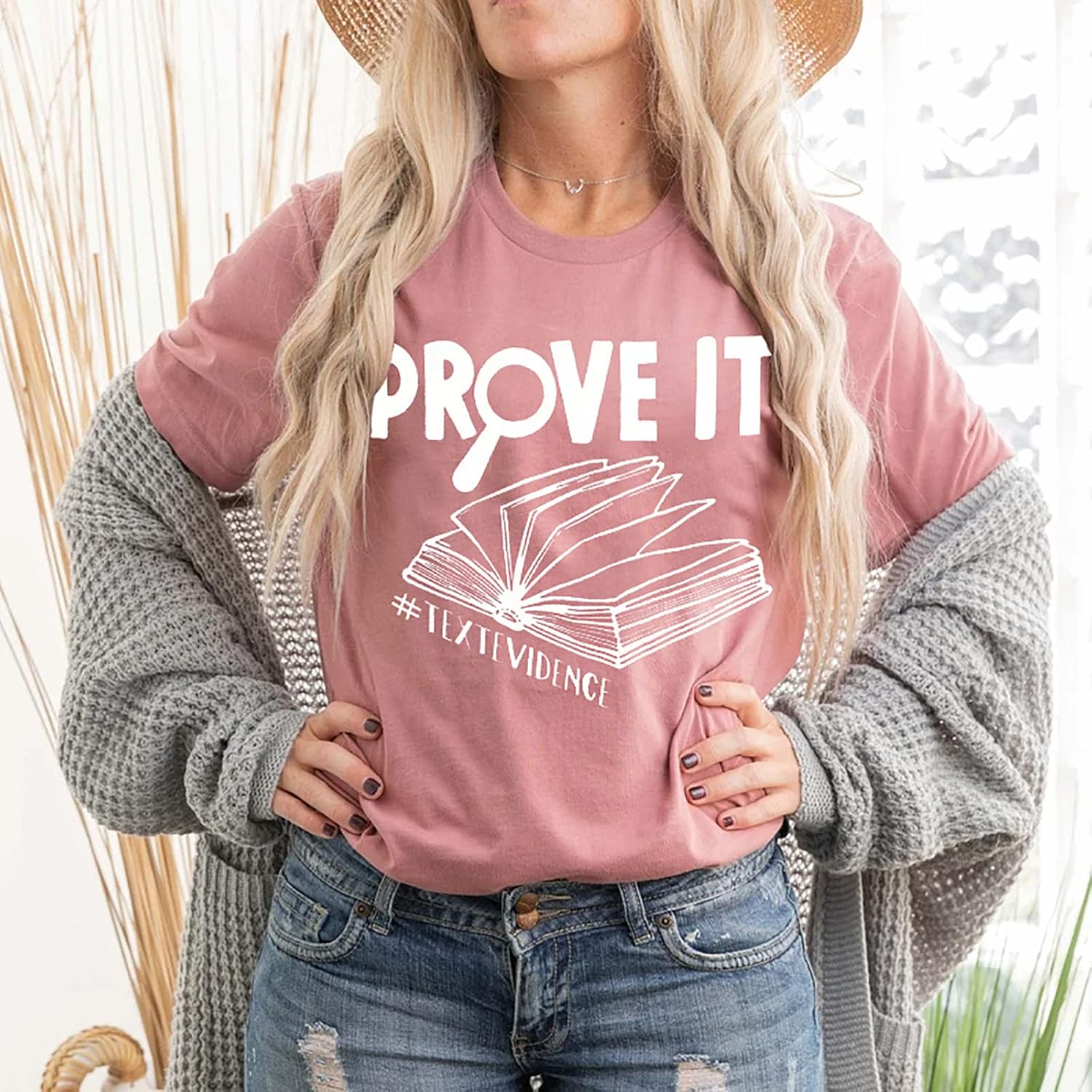 Teacher Shirts for Women Reading Book Graphic Tees with Prove It Text Evidence Letter Print Short Sleeve Tops - Image 5