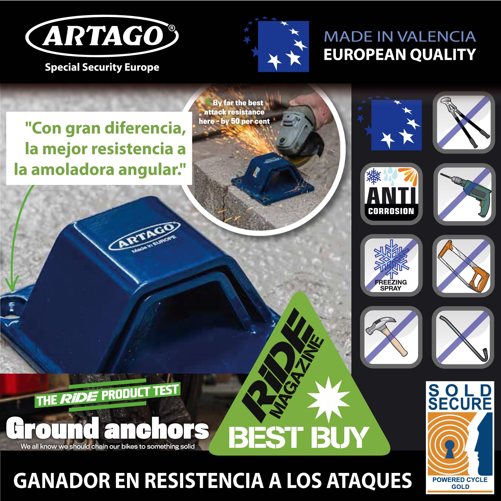 ARTAGO 61 Anclaje Seguridad Alta Gama, El Anclaje Antirrobo Moto Homologado Sold Secure Más Seguro, N1 Test Comparativo, Doble Puente Acero 6+6, Tacos Exclusivos Blindados, Suelo Pared Garaje Parking