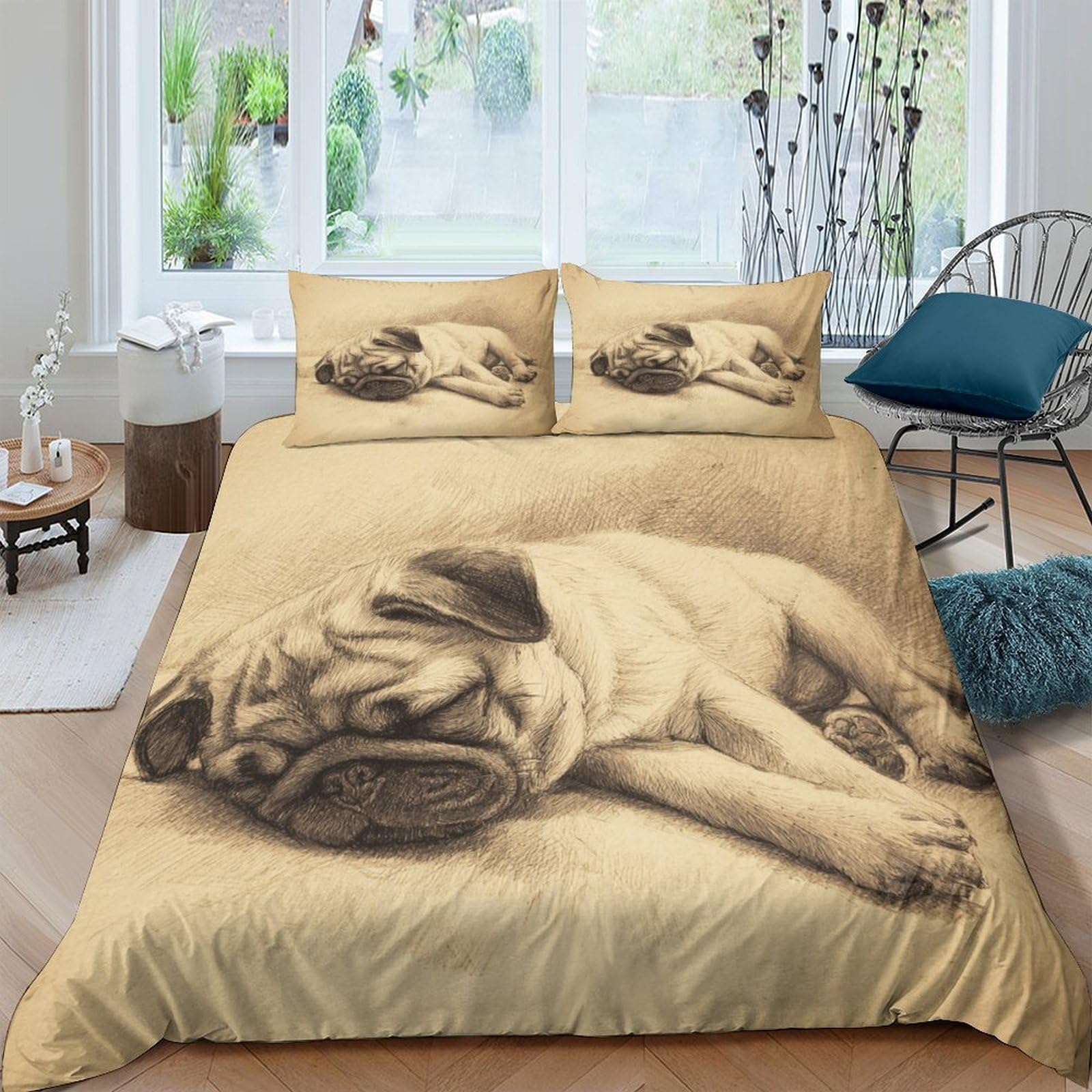 TUFRTGYHN 3D Printed Sleeping Pug Duvet Cover Microfiber Soft Breathable Dog Bedding Set with 2 Pillowcases for Bedroom Home Single（135x200cm）