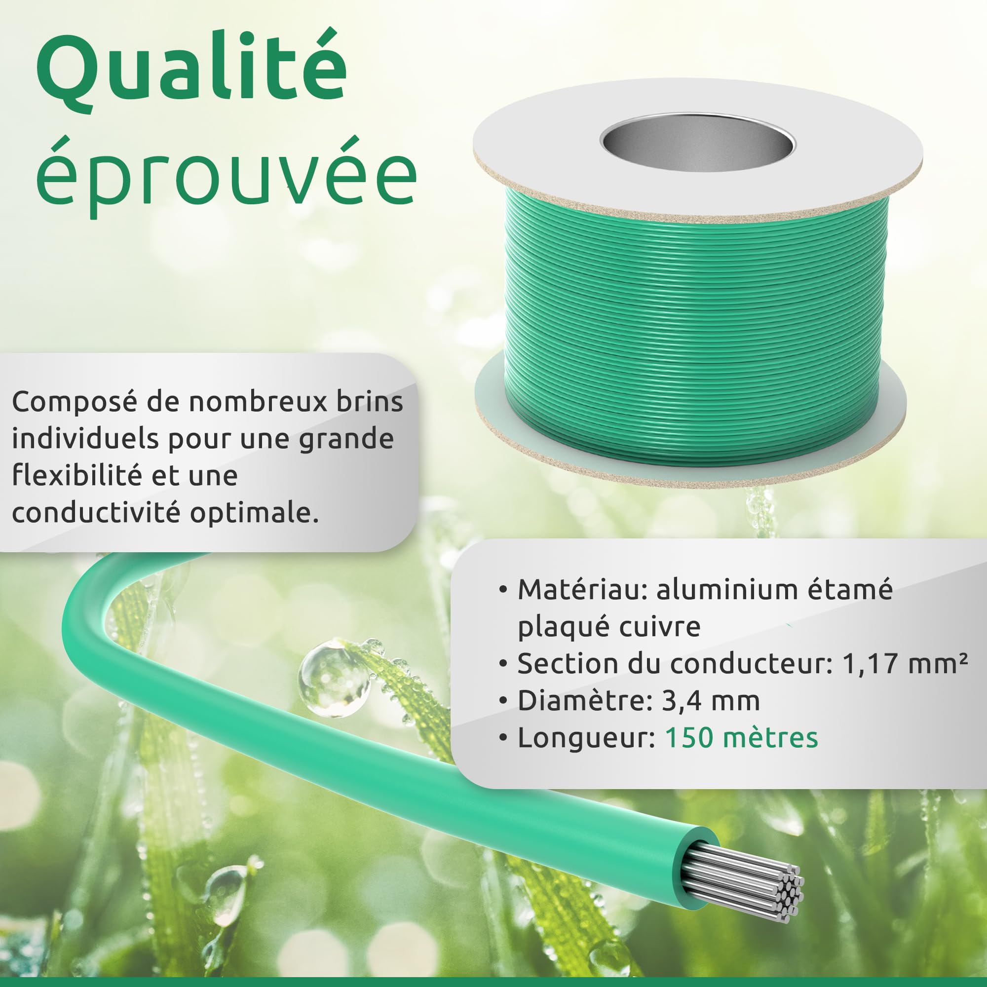 ECENCE Câble Robot Tondeuse - Compatible Universel - 150m de Longueur - Fil périphérique Robot Tondeuse Ø 3,4mm - Section du conducteur 1,17mm²