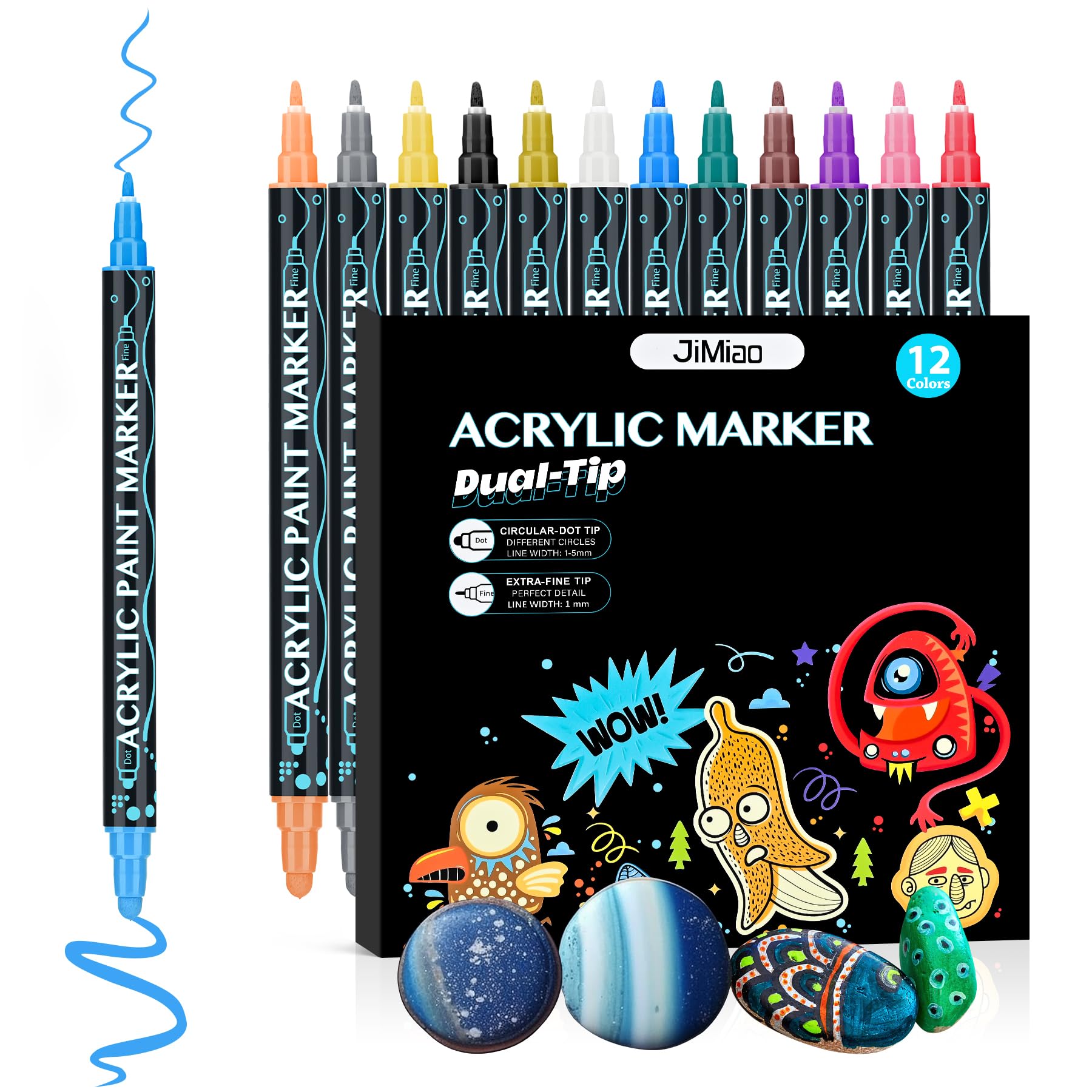 Duemste Acrylic Paint Pens Set,12 Colours Paint Markers, 1-5mm Extra Fine Dual Tip Acrylic Paint Pens for Rock Painting, Metal,Fabric,Ceramic,Porcelain,Glass,Canvas for Adults Kids