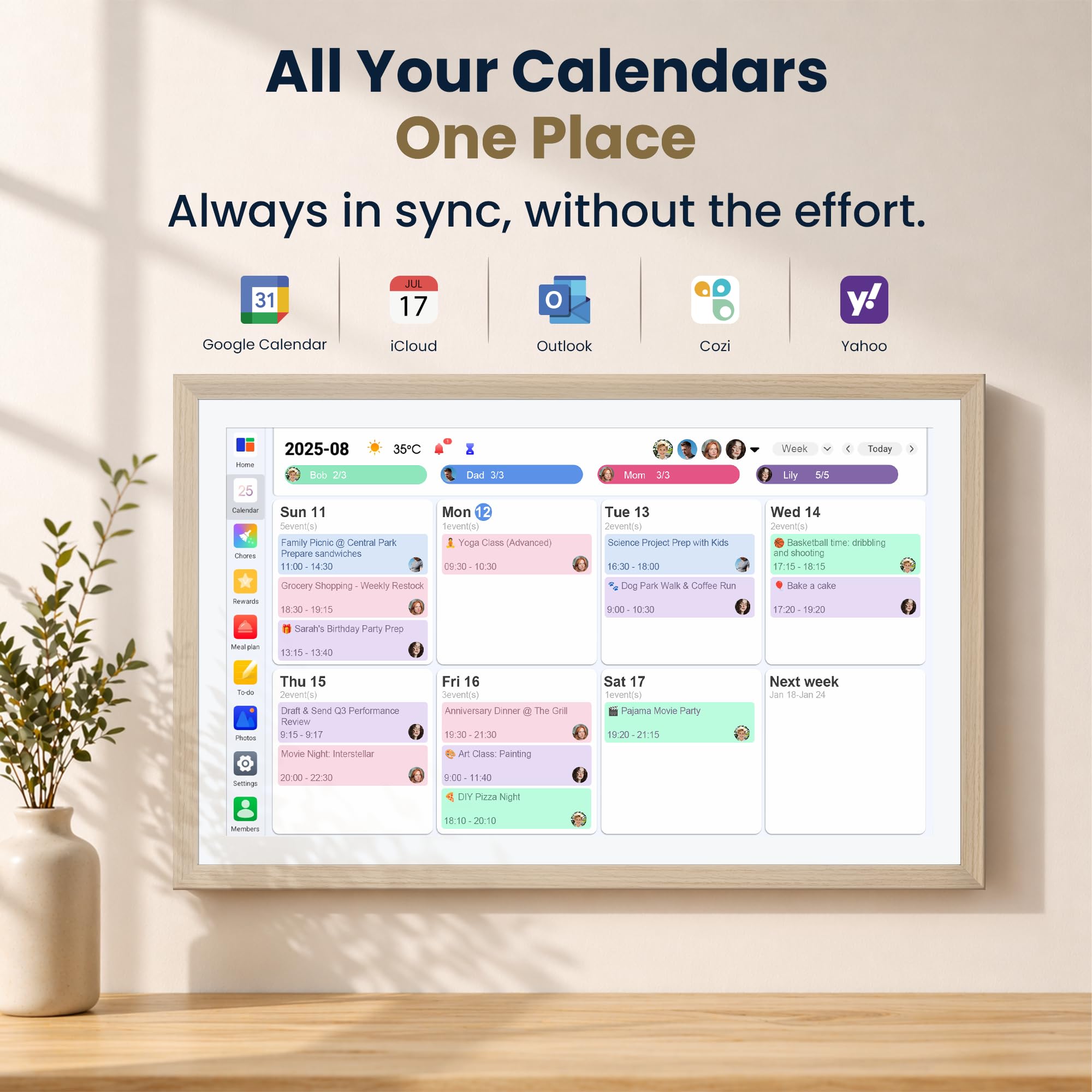 Inteligentny kalendarz cyfrowy i ramka na zdjęcia dla rodziny, drewniana ramka, duży planer ścienny z automatyczną synchronizacją z Apple, Google i Outlook, wyświetlacz dotykowy z wykresem