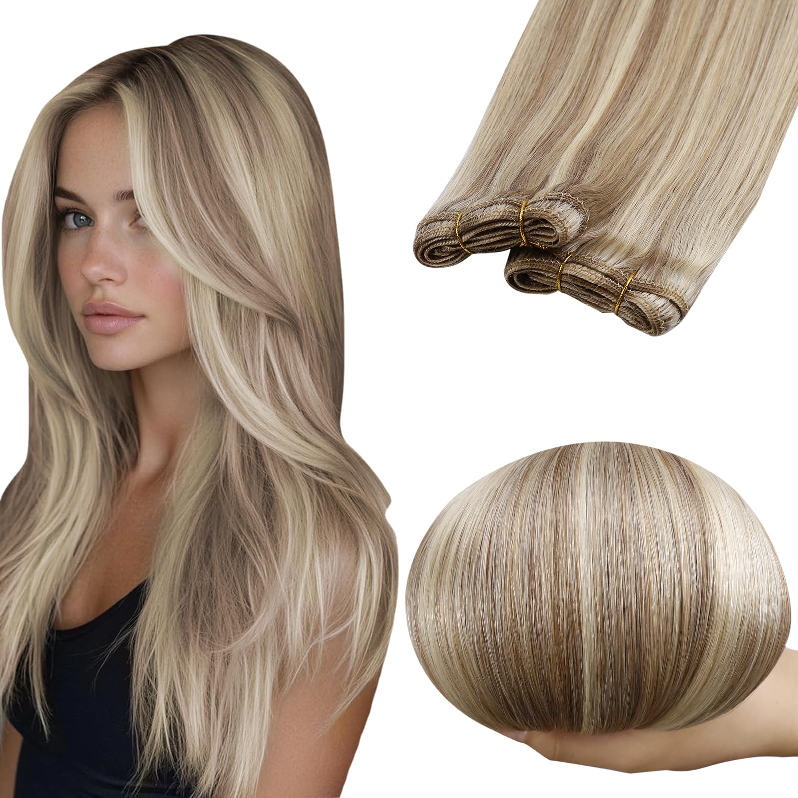 RUNATURE Weft Human Hair Extensions Blonde Sew in Hair Extensions Real Human Hair Weft Extensions Grey Blonde with Platinum Blonde Straight Remy Hair