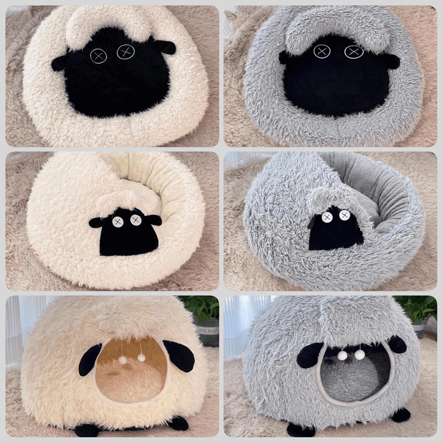 Cute Cat Bed Cave Sheep-Shaped Cartoon Pet Plush House Self-Warming for Indoor Carts and Small Dogs Rabbits with Removable Cushion 2 in 1 Puppy Bed with Hanging Toy (Grey3)