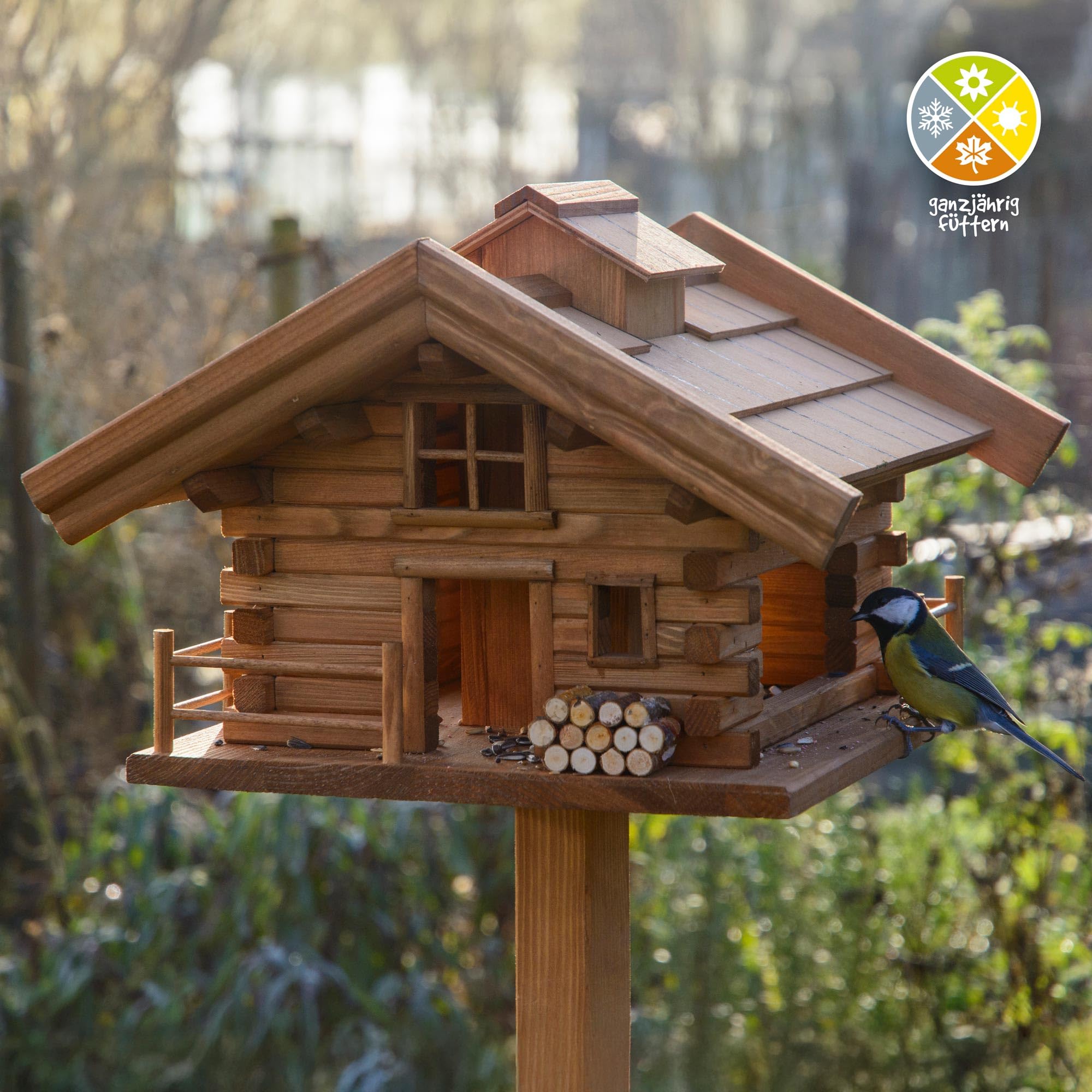 dobar® Green Label 98733FSCe - Comedero para pájaros de Madera Maciza, con Soporte, comedero Grande, 37 x 37 x 117 cm, Color marrón