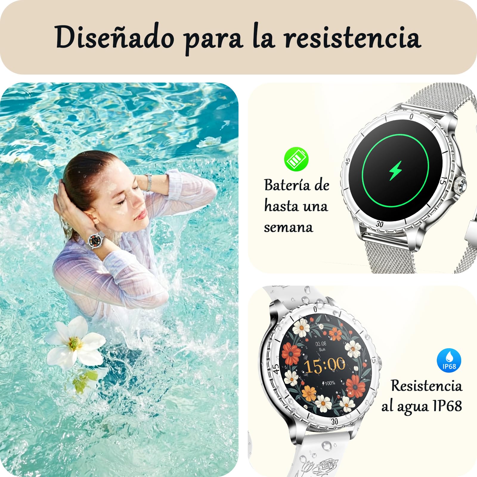 Reloj Inteligente Mujer con Llamadas, 1.27” HD Smartwatch Redondo | 120+ Modos Deportivos, Pulsómetro, SpO2, Monitor de Sueño, Rastreador de Actividad, IP68, Android iOS, 2 Correas, Plata
