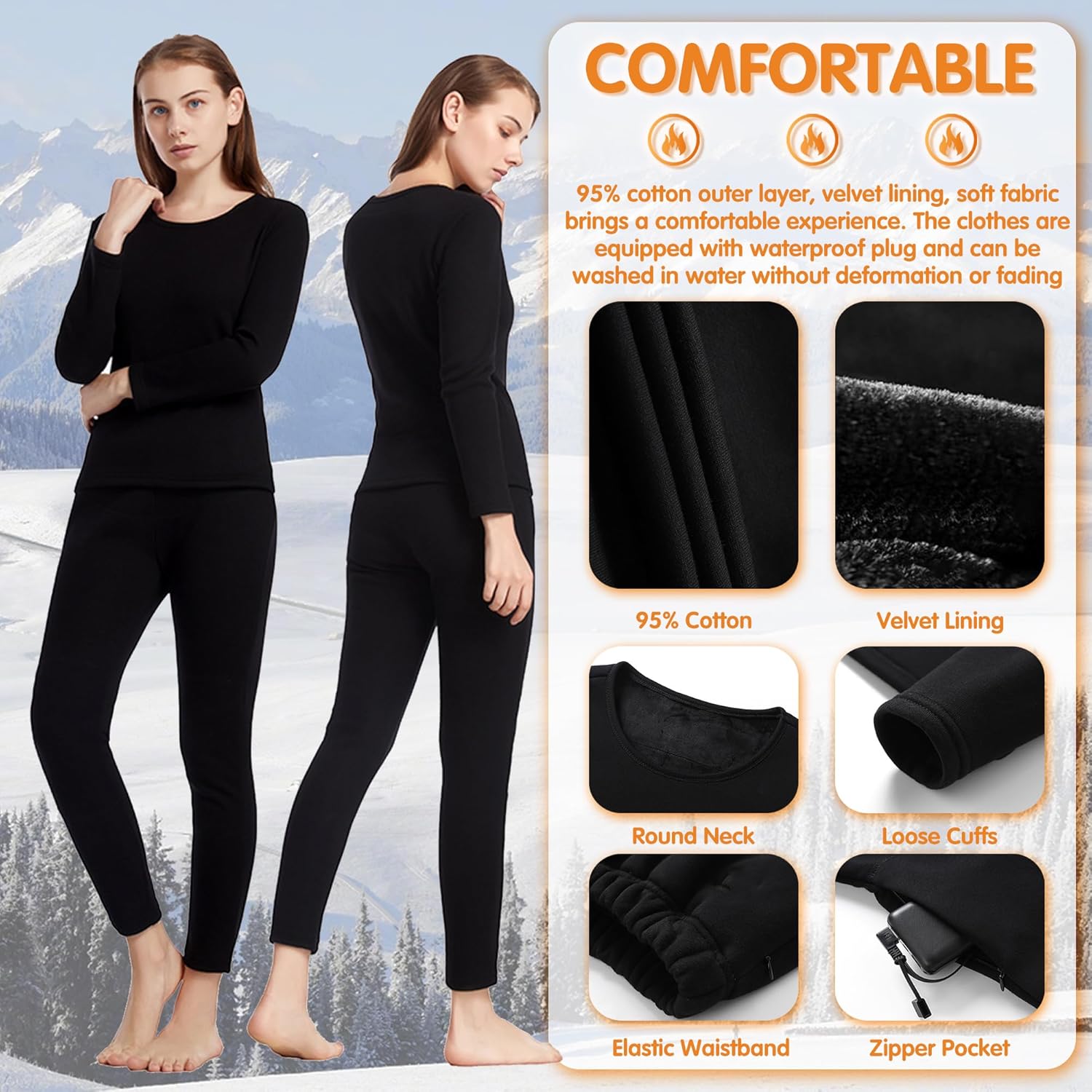 Electric Heating Underwears Set, Women Heated Shirt and Pant Winter Thermal Long Johns Set for Hunting Motorcycle
