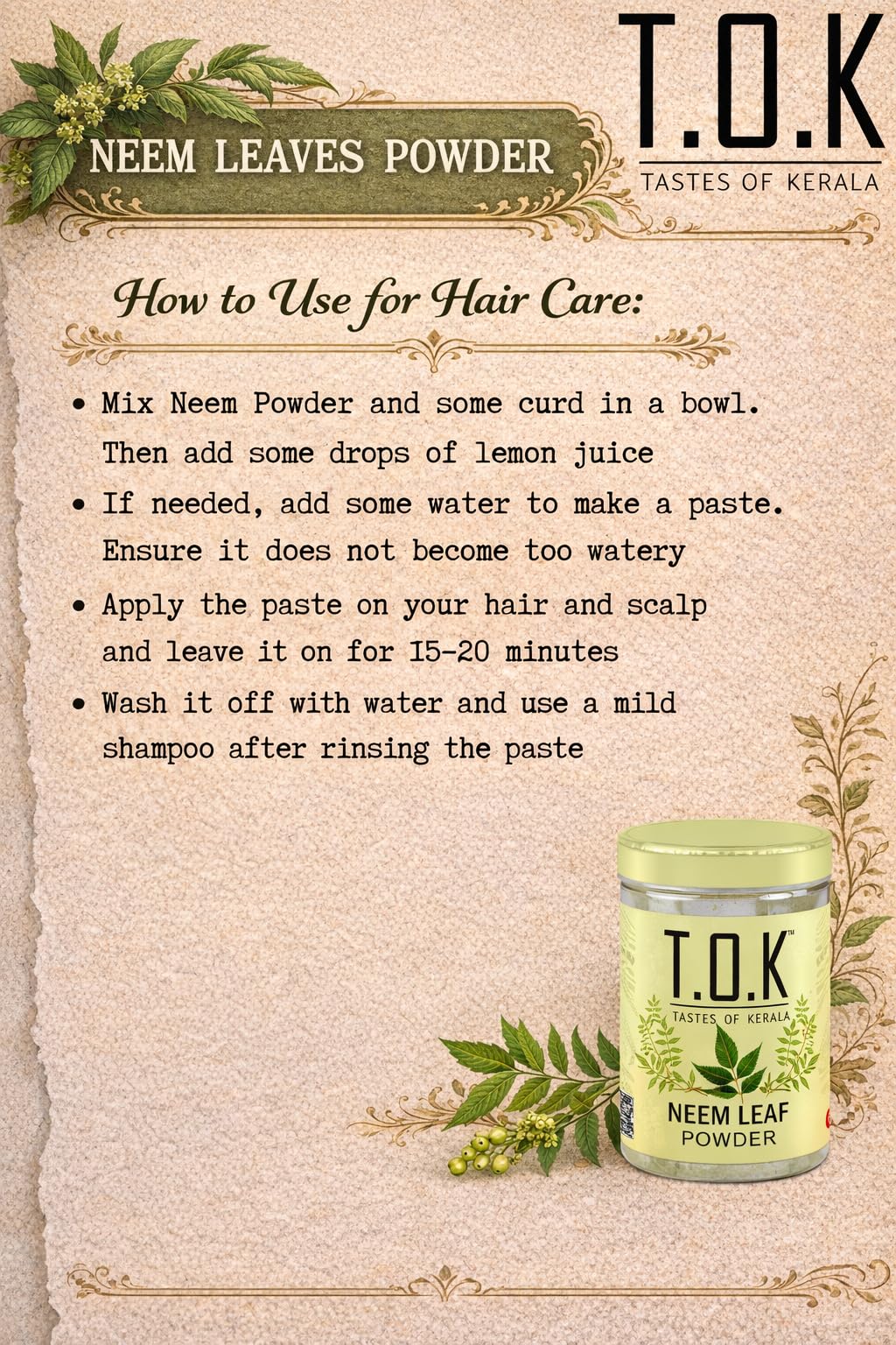 T.O.K Tastes of Kerala Pure Neem Leaf 150g | 100% Natural Sun-Dried Herbal Neem | Ayurvedic Care for Skin & Hair | Supports Acne Care, Scalp Cleansing & DIY Face Packs — Amazon image 3