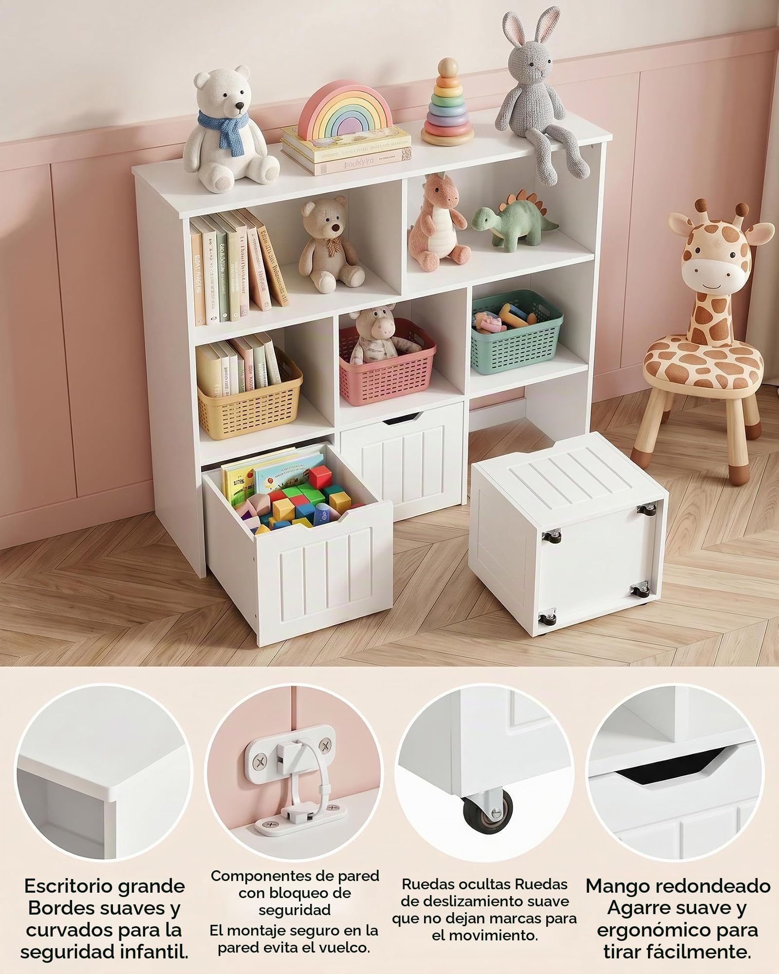 Estanteria Infantil con 5 Compartimentos, Organizador de Juguetes con 3 Cajones, Mueble Almacenaje Juguetes, Librería Montessori, Estante para Niños, Blanco 100x33x89.5cm