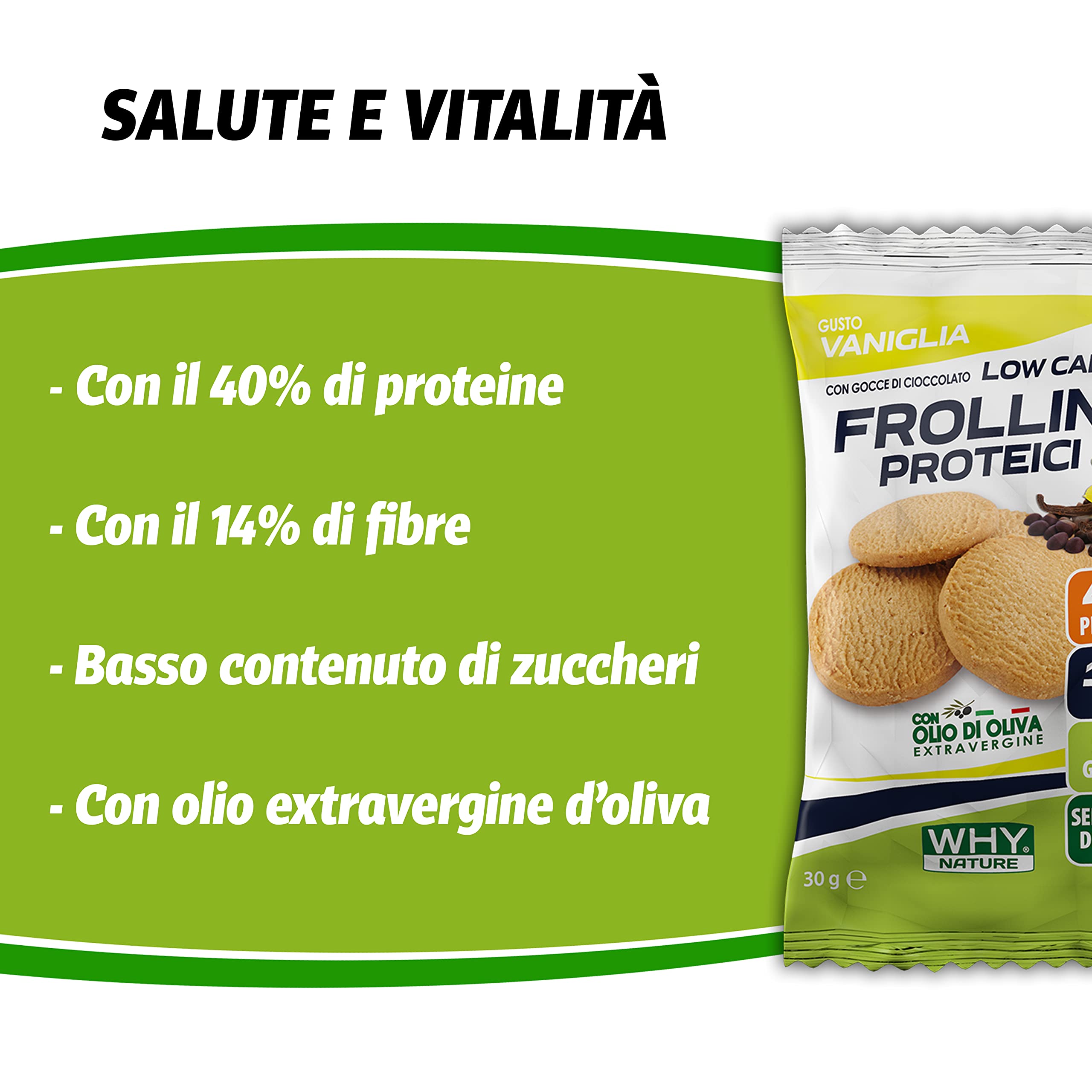 WHY NATURE LOW CARB FROLLINI PROTEICI – Frollini Proteici Senza Glutine per una Colazione Proteica - Gusto Vaniglia con Gocce di Cioccolato - Box da 25 Pezzi - 30 gr
