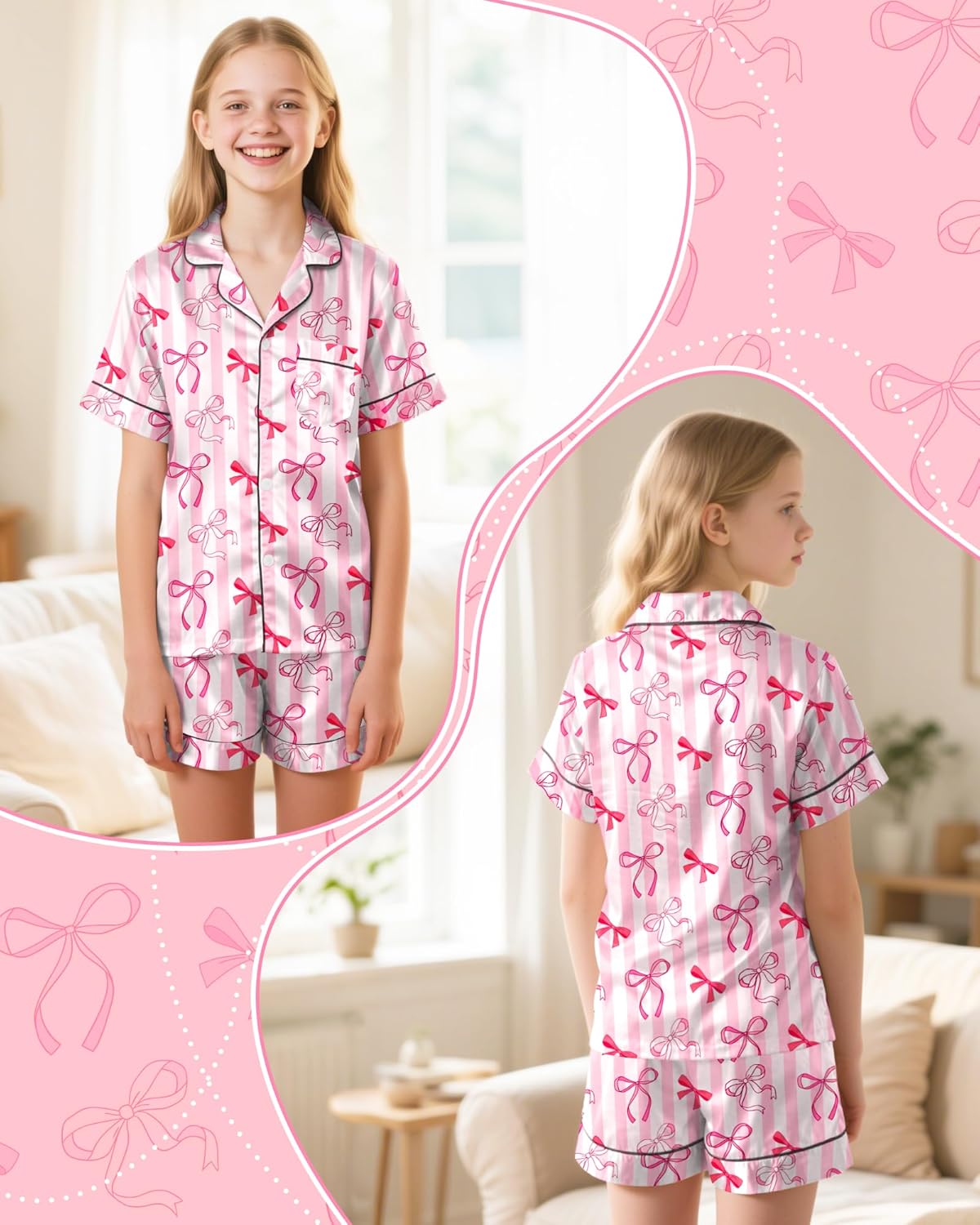 Nidoul Girls Pajamas Satin Pajama Set Silk Pjs Short Sleeve Button Down Summer Bow Sleepwear for Big Kids 7-14Y - Image 2