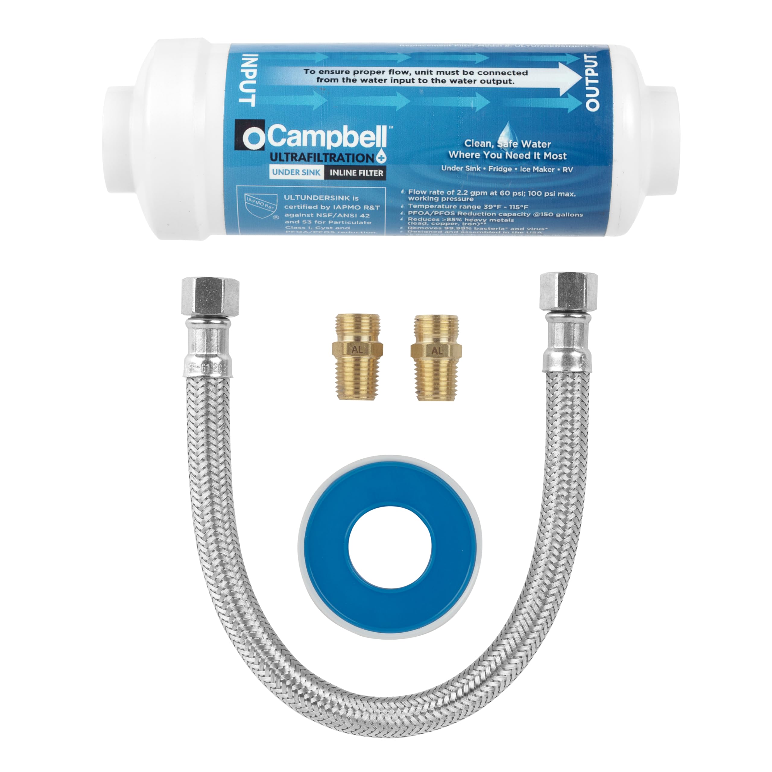 Campbell Ultrafiltration+ Inline Under Sink Filter Complete Install Kit - Enhance Home Water Quality for Homeowners & Builders - Get Cleaner, Safer Water, NSF 42/53 Certified & Made in USA