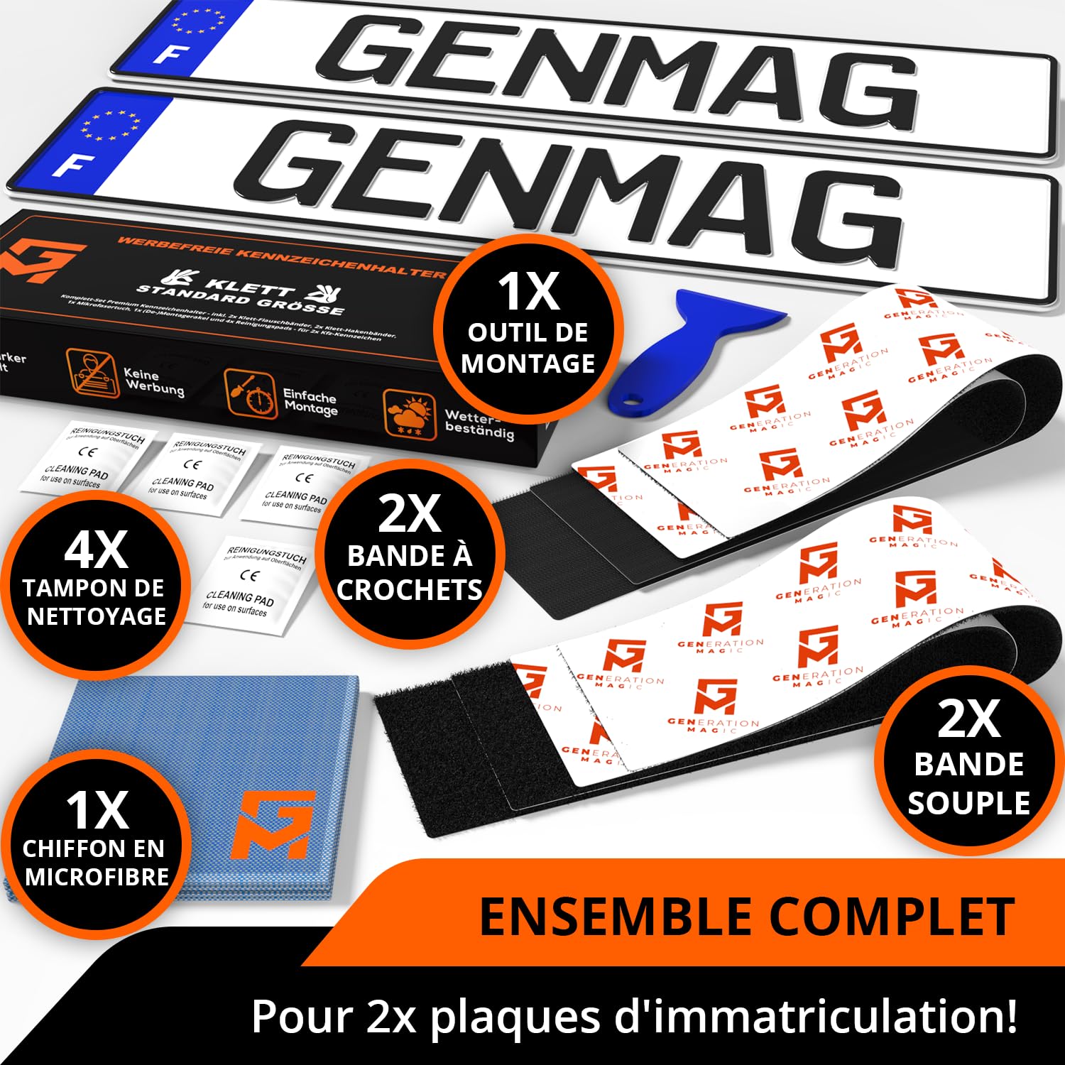 GENMAG® 2X Support de Plaque d'Immatriculation sans Cadre [Extra Fort & Universel] Support Plaque Immatriculation Voiture | Porte Plaque Immatriculation pour Auto Remorque Moto | Adhésif Invisible