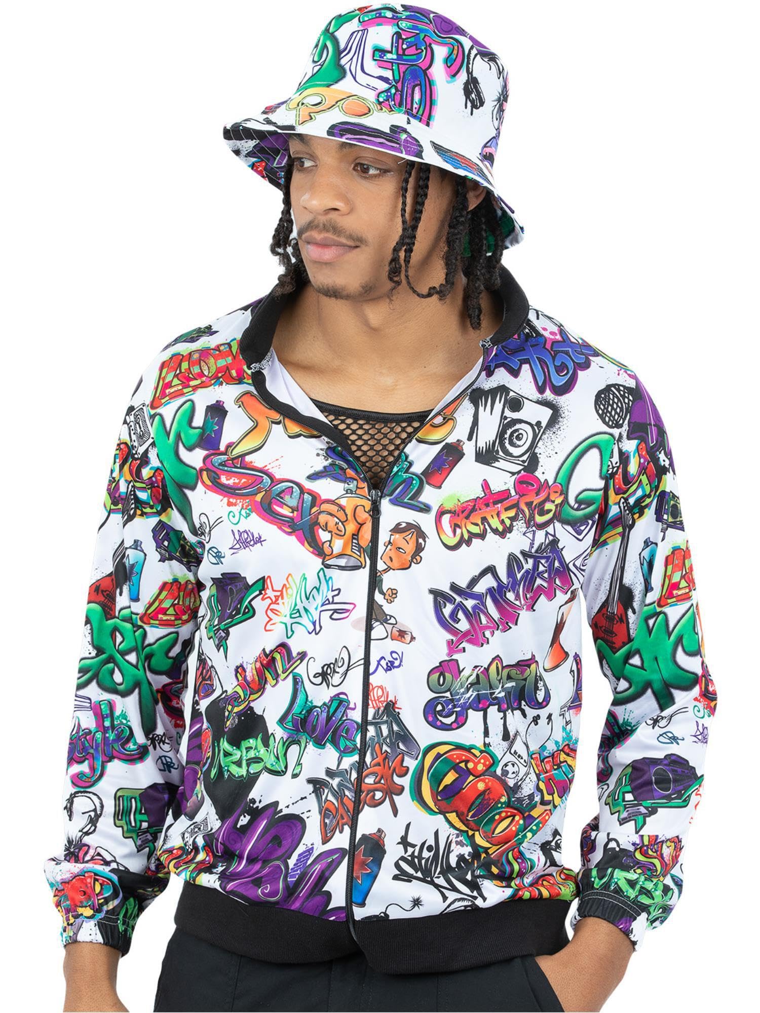 Smiffys 90s Hip Hop Graffiti Jacket for Men, Colourful 1990s Fancy Dress Outfit Street Style Graffiti Print, Retro Urban Party Wear, Old School Rapper Costume Festivals, Halloween Themed Events Large