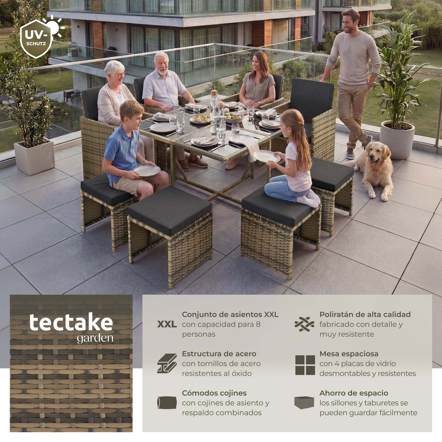tectake® Conjunto Jardín Exterior de Ratán y Acero, Compacto y Agrupable en Cubo, Muebles Jardín Exterior Resistente a la Intemperie, para 4-8 Personas, Fundas Extraíbles y Funda Protectora - Natural