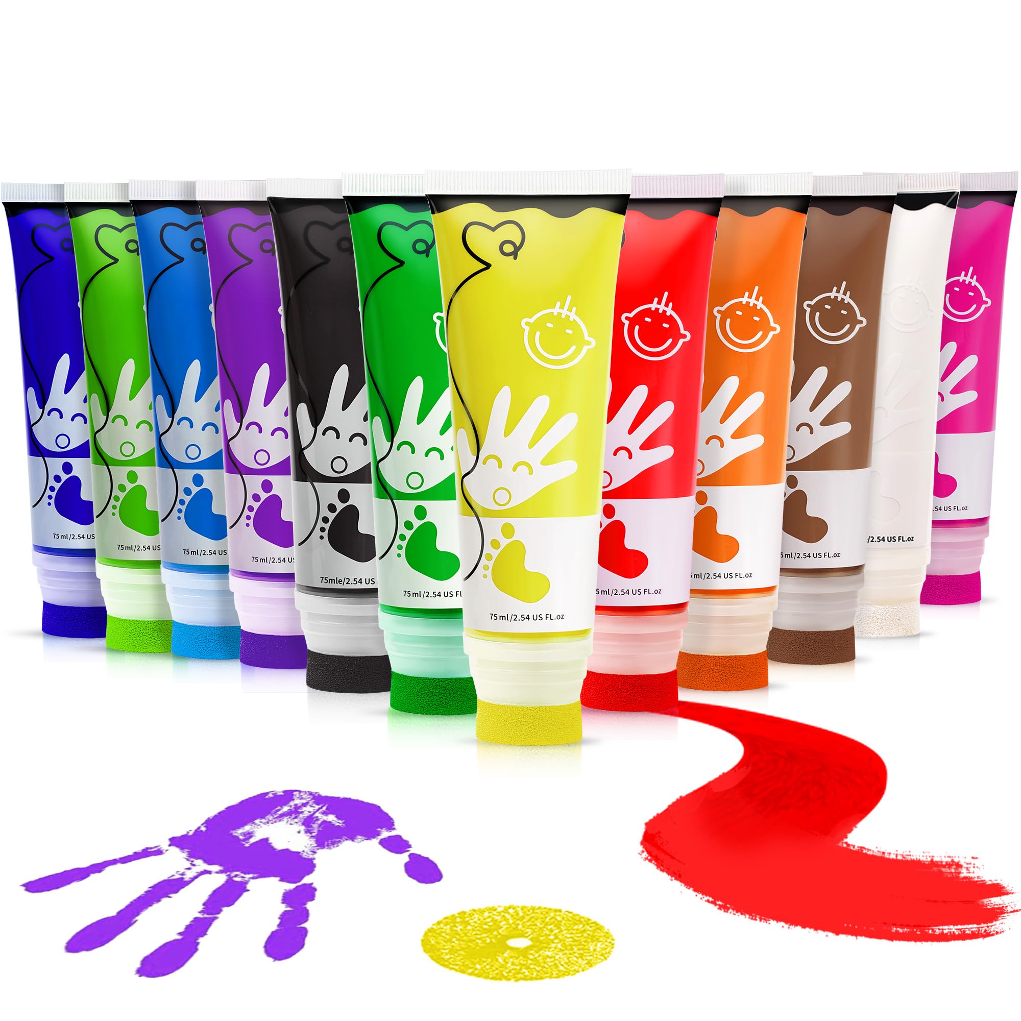 TOGOU2S 12 Colour Finger Paints Set, Washable Paints for Kids with Sponge Head, Baby Safe Paint for Handprints Art, Ideal Gifts for Birthdays, Easter, Christmas & Early Learning Gifts, 75ml/Tube