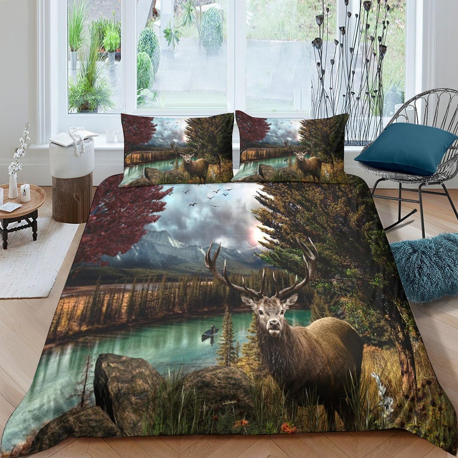 Ctjqhvkz Style-1 3D Printed Forest Lake Fitted Sheet Microfiber Soft Stag Landscape Mattress Cover For Bedroom Lodge Decor Protection Single（135X200cm）