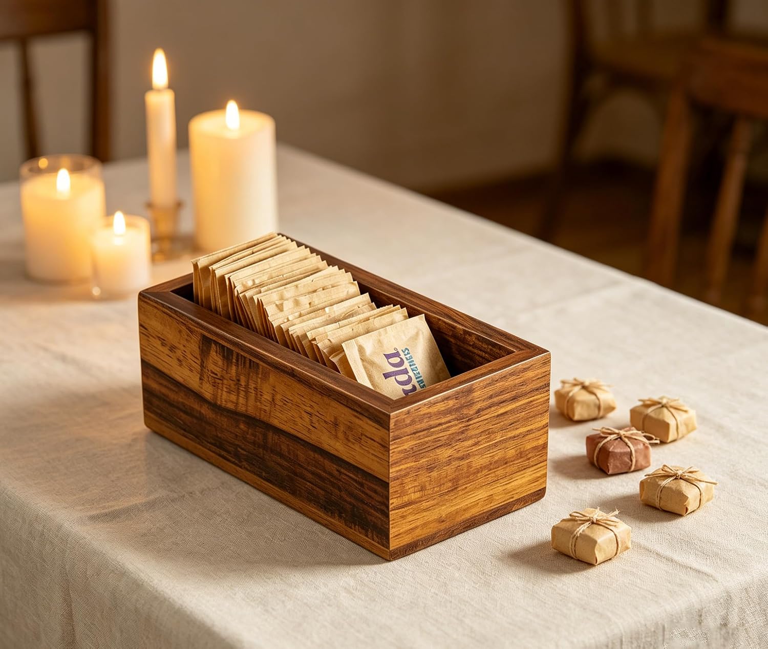 Acacia Sugar Packet Caddy for Coffee Bar, Farmhouse Wood Sugar Holder Packets , Sugar Packet Container, Small Tea Bag Organizer for Office Table,Hotel, Restaurant ,Condiment Holder (Acacia)