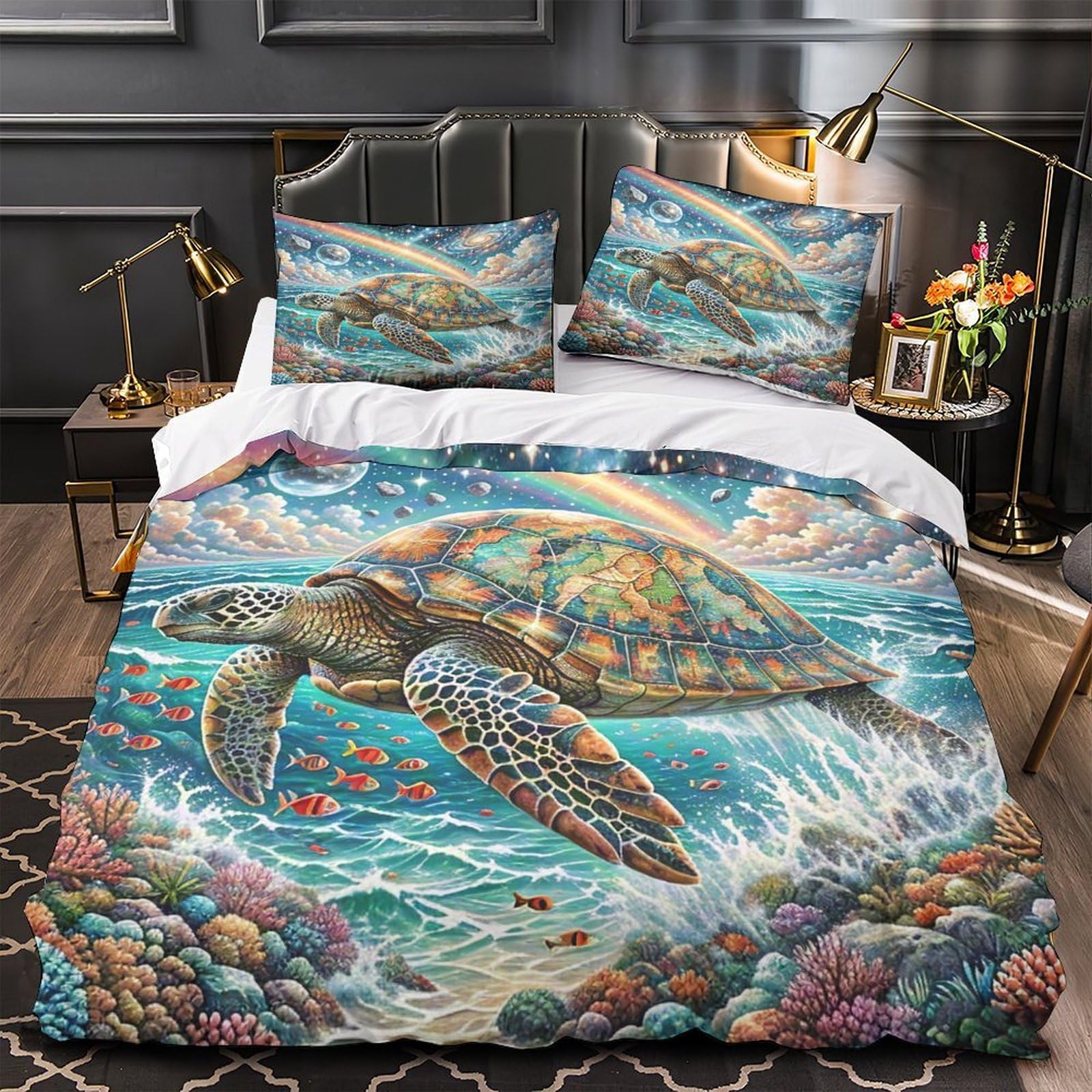 Parure de lit tortue marine 3D 140x200 cm avec housse de couette ultra douce