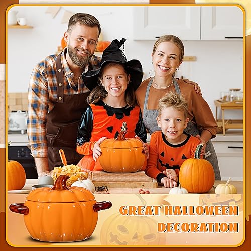 Miniatura 5 de Uiifan 2 cuencos de calabaza de cerámica para cocinar Acción de Gracias, cacerola de 17 onzas, plato de sopa naranja, lindo recipiente seguro para
