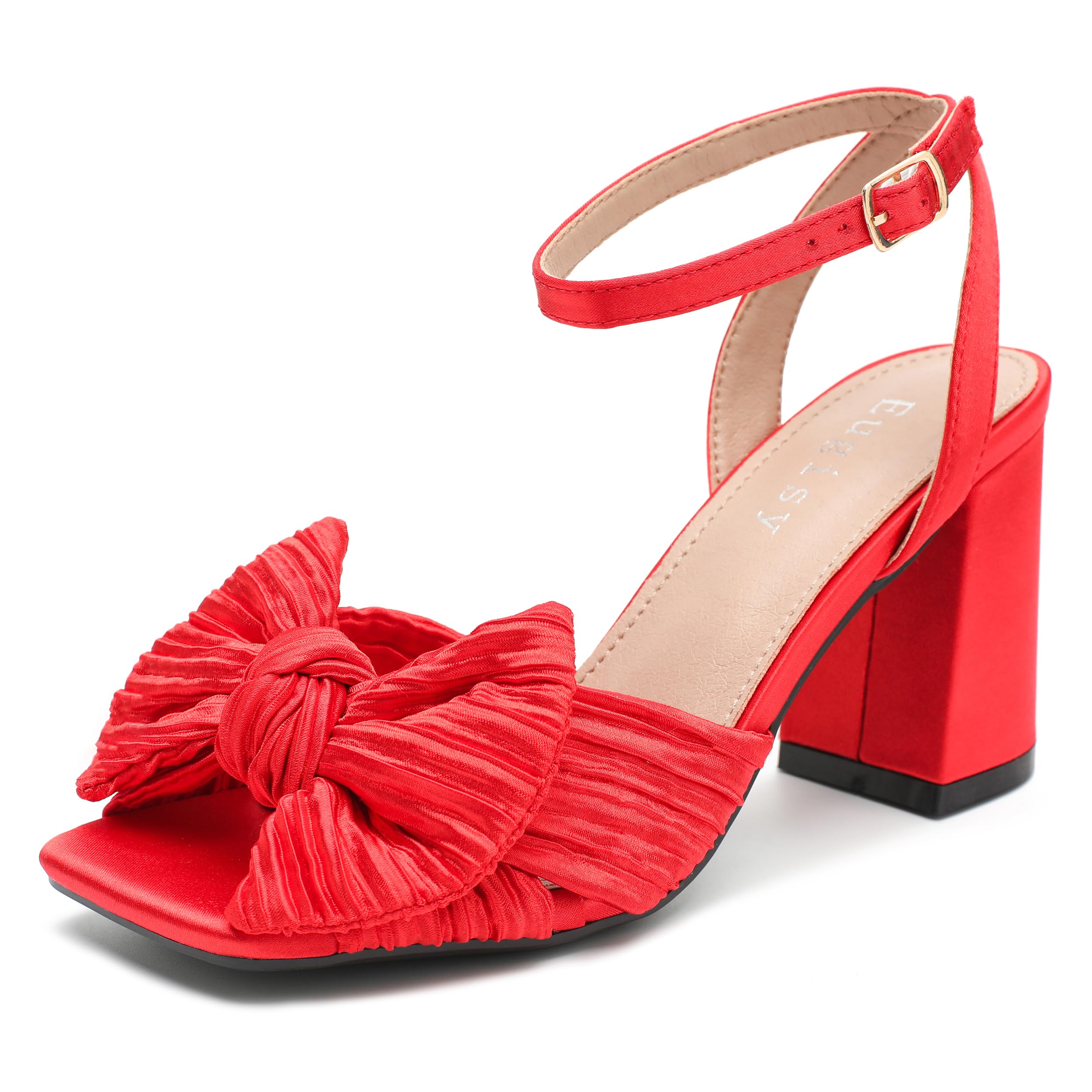 Eugisy Women's Bow Knot Heeled Sandals Bowknot Pleated Ankle Strap Open Toe Chunky High Heels Wedding Bridal Party Dress Shoes