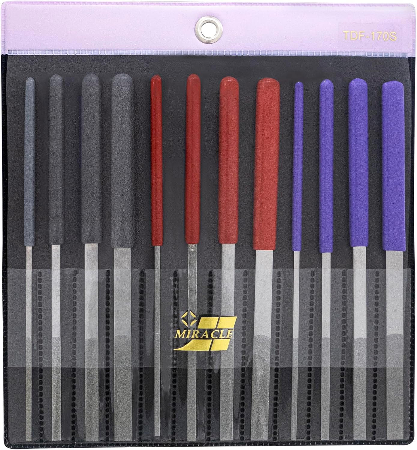MIRACLE 12-Piece Tapered Diamond File Set – Grit 120/200 / 400 – Precision Hand Files with Color-Coded Handles for Metal, Wood, Glass, Plastic, Jewelry, and Nail Enhancements 6.69” Length