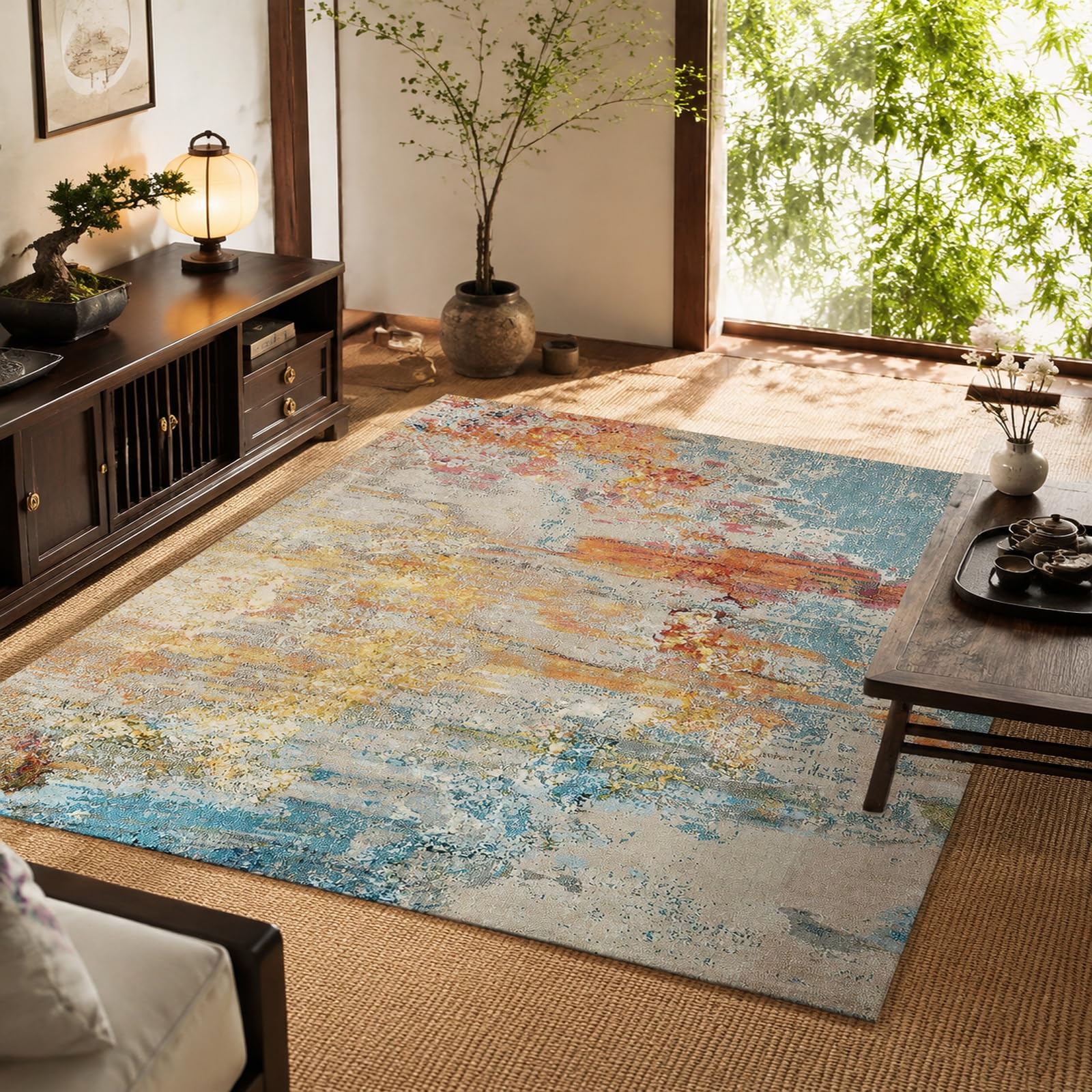 Tappeti, Square 160 x 160 cm, Astratto Moderno Blu Arancione Giallo Beige, Tappeto Salotto Lavabile, Carpet Soggiorno Decorazione sotto Tavolo Rug,