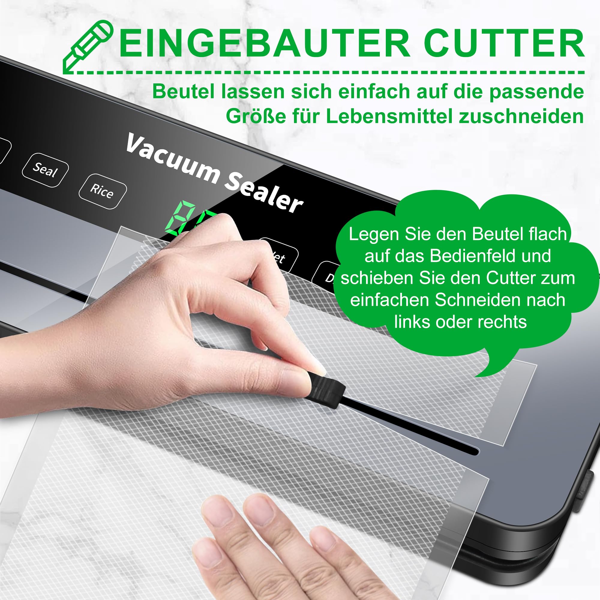 Vakuumiergerät 7 in 1 Profi mit Cutter und Digitalem Countdown, 50 Vakuumierbeutel für Lebensmittelkonservierung