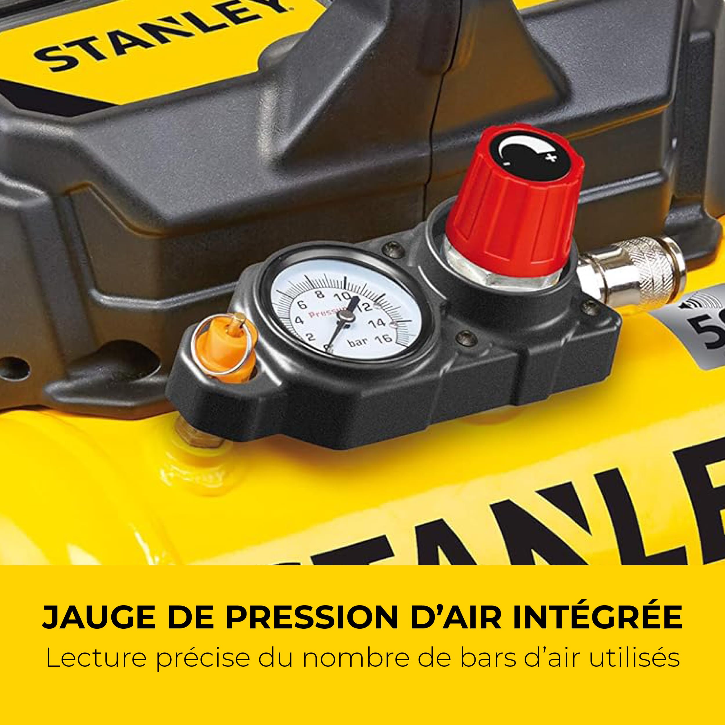 Stanley Compresseur à Air DN200/8/6 - Gonfleur Pneus Voiture 8 Bar - Compresseur Portatif avec Capacité de 6L - sans Huile 105L/Min - Avec Poignée et Pieds Antidérapants - pour Outils Pneumatiques