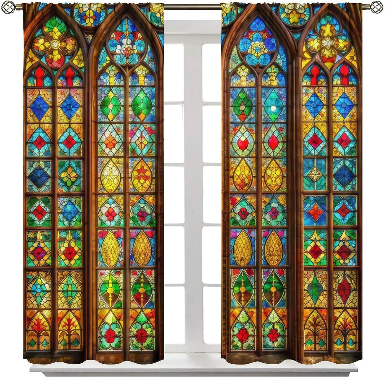Vintage Patchwork Colored Glass Curtain Window Frame Geometric Window Drapes for Bedroom Living Room Kitchen Cafe （W20xL45 Inch） x2 Decor image 3