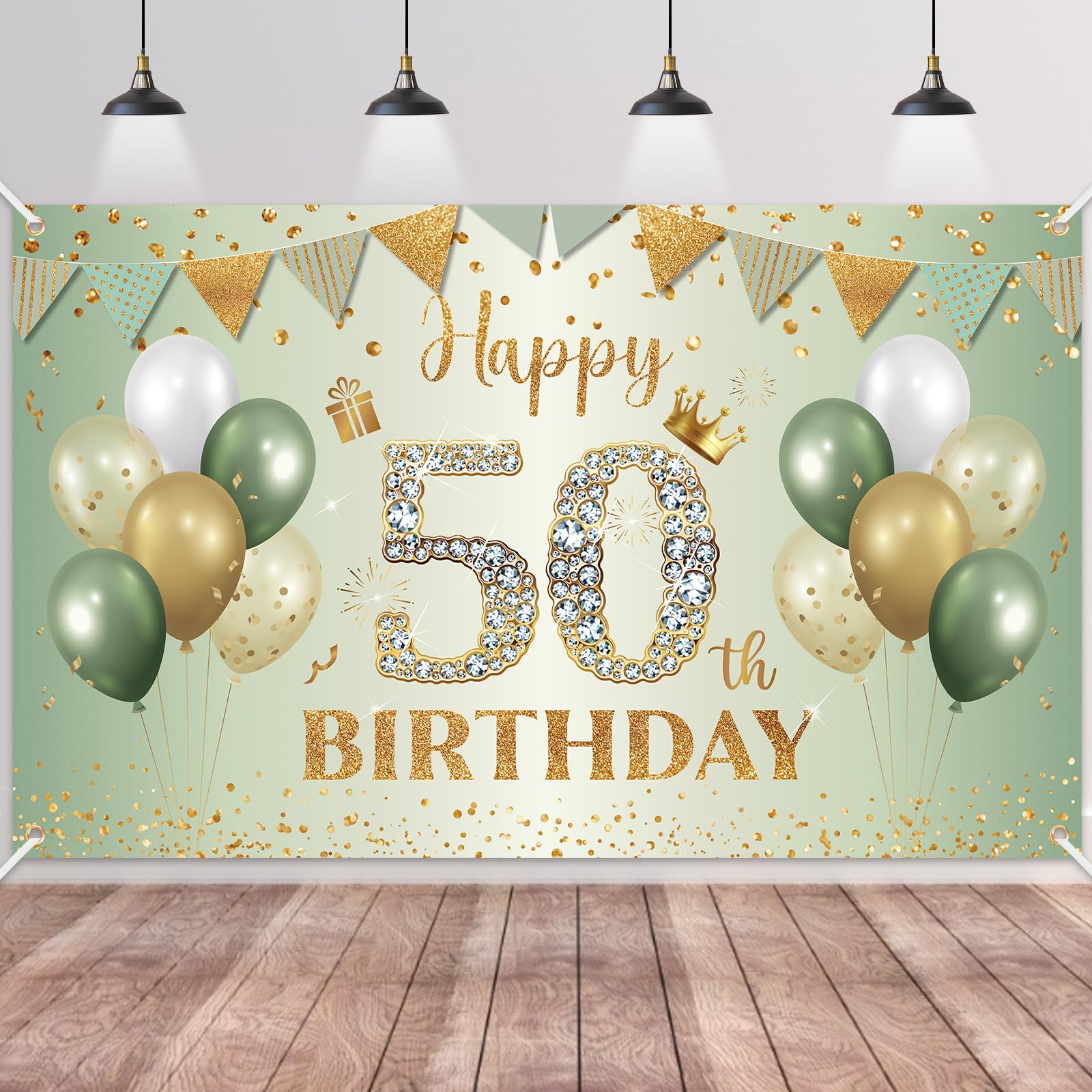 Happy 50th Birthday Banner Sage Green Gold,BTZO 50th Birthday Backdrop for Men Women,50th Birthday Decorations Fabric Photo Backdrop Background Signs for 50 Years Old Birthday Party,180×110cm