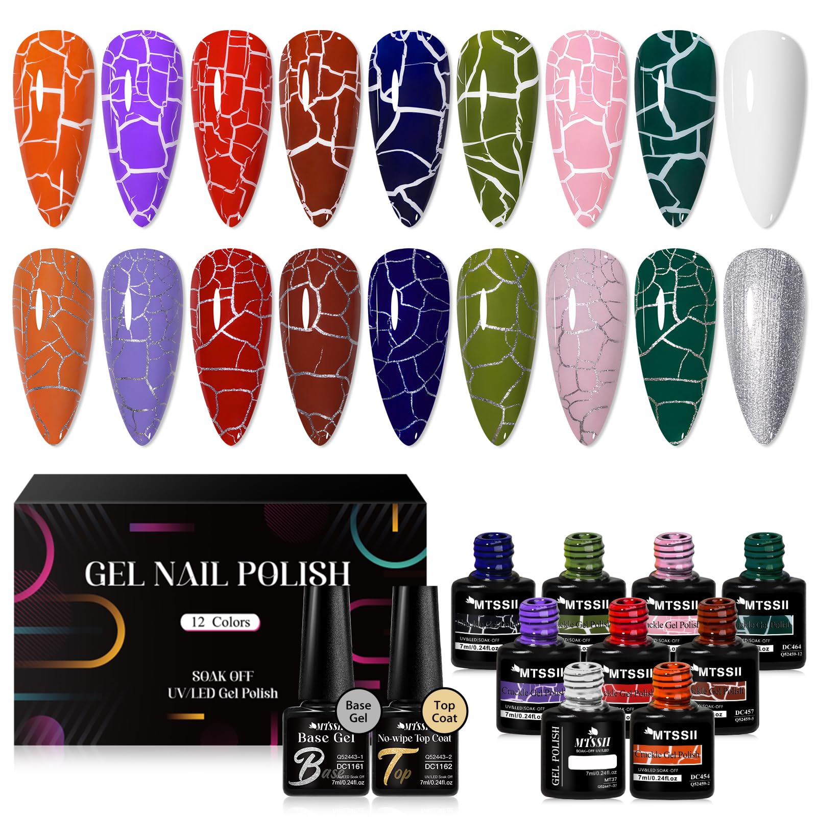 MTSSII 12pc Crackle Gel Nail Polish Set - 8 Colors (Red, Purple, Orange, Pink, Green, Blue) + White & Silver Gel Polish - Air Dry & UV LED Lamp Needed
