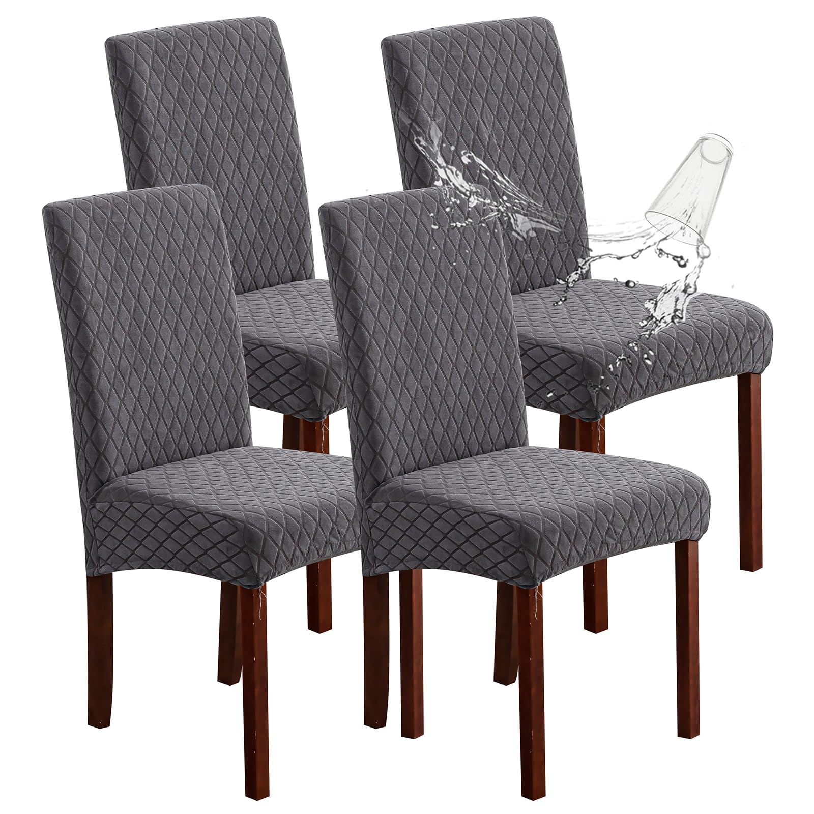 Genina Waterproof Chair Covers for Dining Room Set of 4, Stretch Jacquard Dining Chair Slipcovers Removable Washable Chair Protectors Cover for Kitchen, Parsons (Argyle-Dark Gray, 4 PCS)