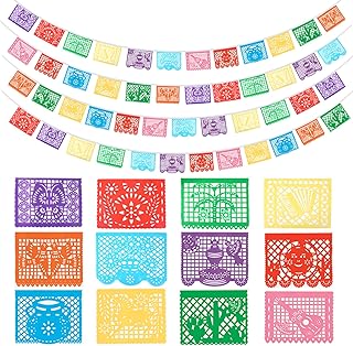 Mexican Party Banners, Fiesta Party Decorations, 100 FT Cinco de Mayo Papel Picado Banner for Mexican Party Decorations, Day of the Dead Decorations, 4 Packs of 12 Patterns 100 Feet Long in Total for Mexican Themed Party Decorations
