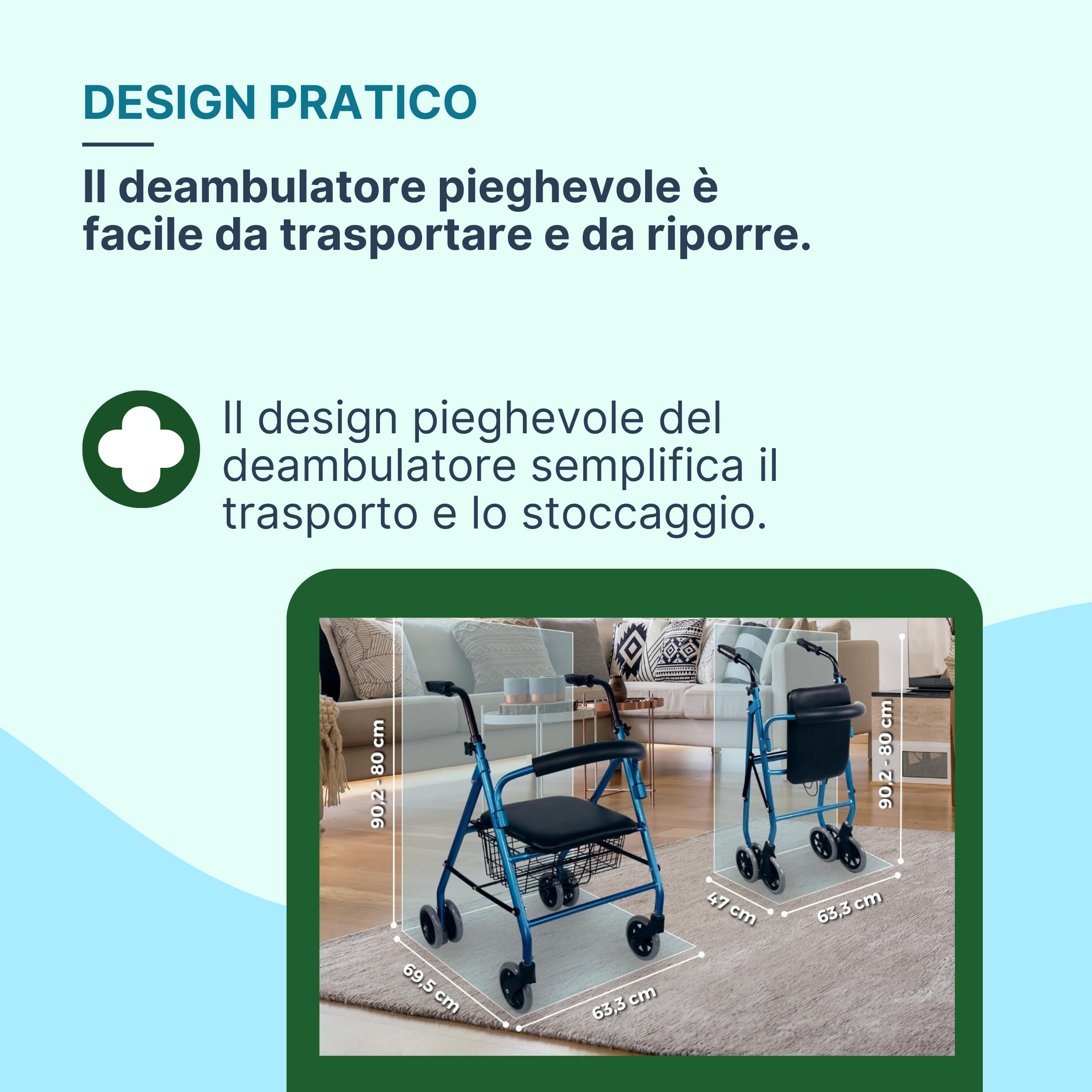 Rollator Deambulatore con Seduta per Anziani e Disabili con Freno a Pressione - Deambulatore per Anziani 4 Ruote Pieghevole con Cestino Porta Oggetti
