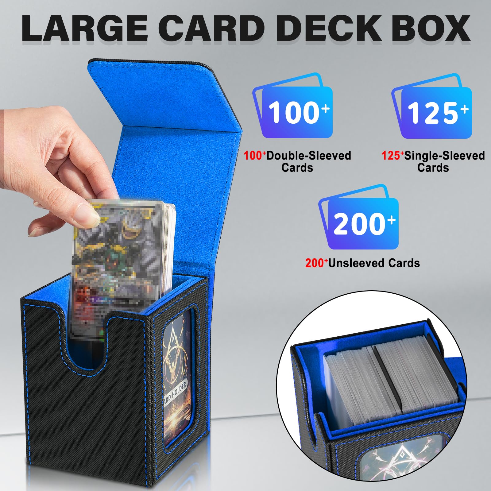 Porta Mazzo di Carte per MTG Commander, Scatola per Carte TCG, Scatola Porta Carte Collezionabili Magnetica in Pelle PU, Contiene 100 Carte a Doppia Busta, Nero e Blu