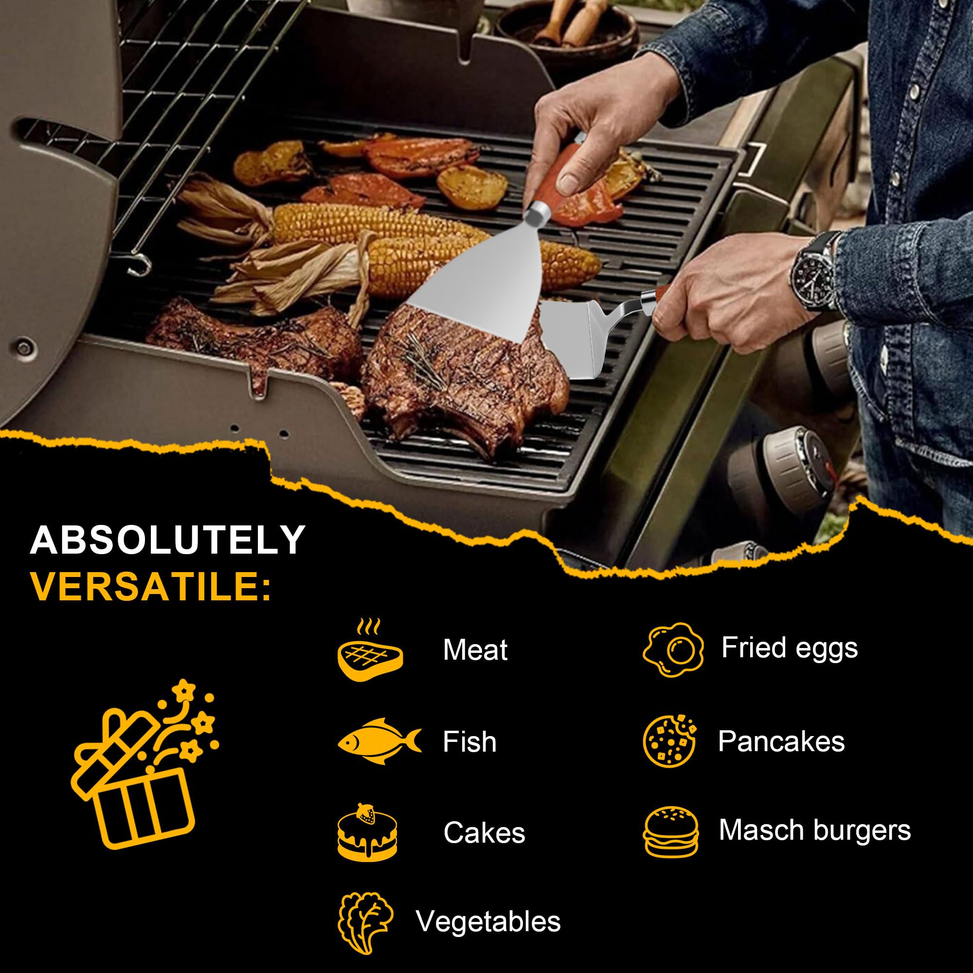 Gimars Set di 4 Spatole Professionali per Barbecue,Palette e Raschietto in Acciaio Inossidabile per Piastra Plancha,Accessori Teppanyaki Smash Burger Kit,Utensili per Griglia Barbecue Pizza