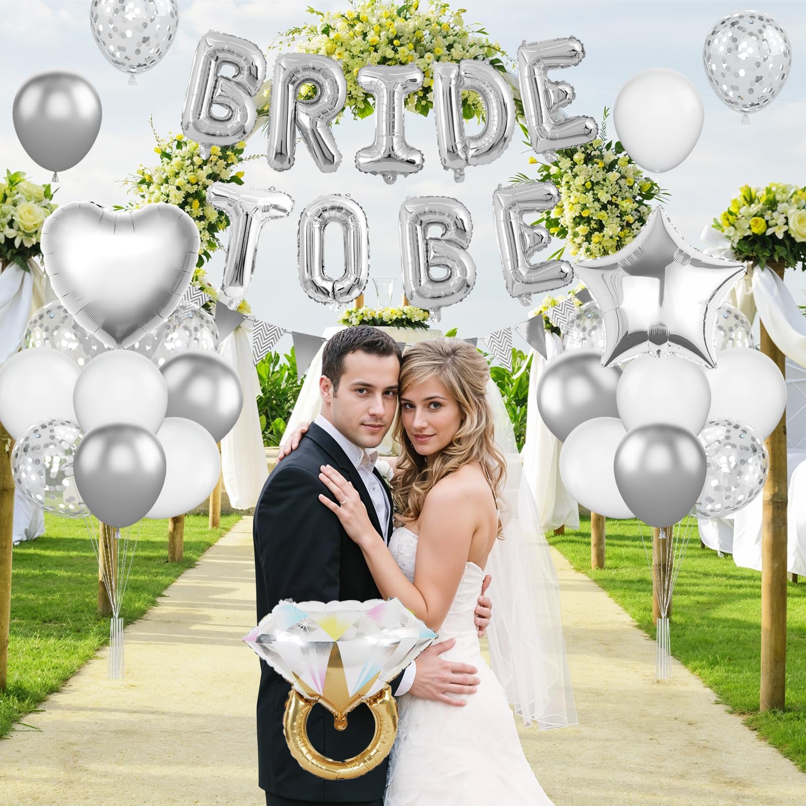 Decoraciones de despedida de soltera plateadas, decoraciones de cumpleaños de despedida de soltera, globo metálico plateado y blanco con anillo de diamante, globo de corazón de estrella para despedida