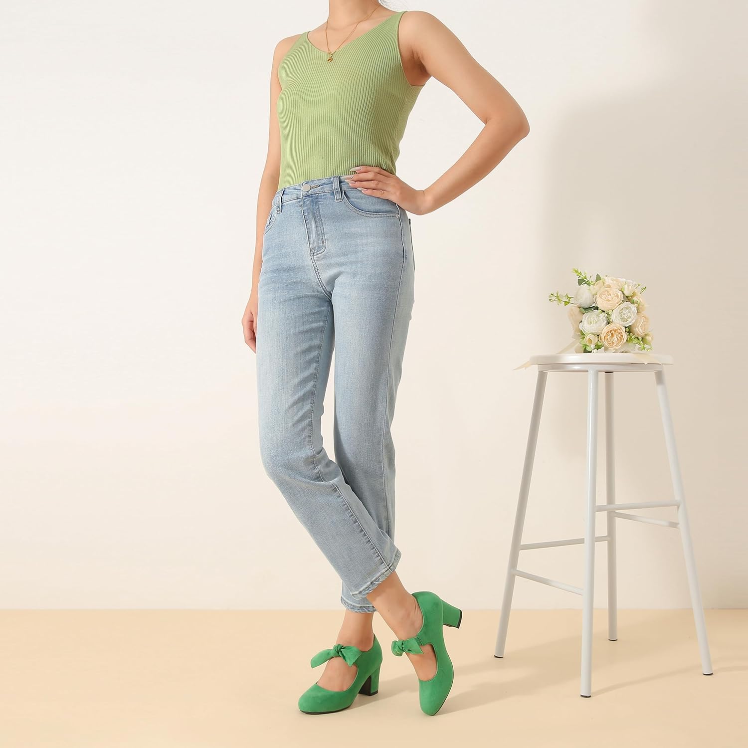 Women's Bow Mary Jane Low Block Chunky Heels Pumps Closed Round Toe Low Heels Ankle Strap Wedding Dress Evening Party Shoes - Image 6