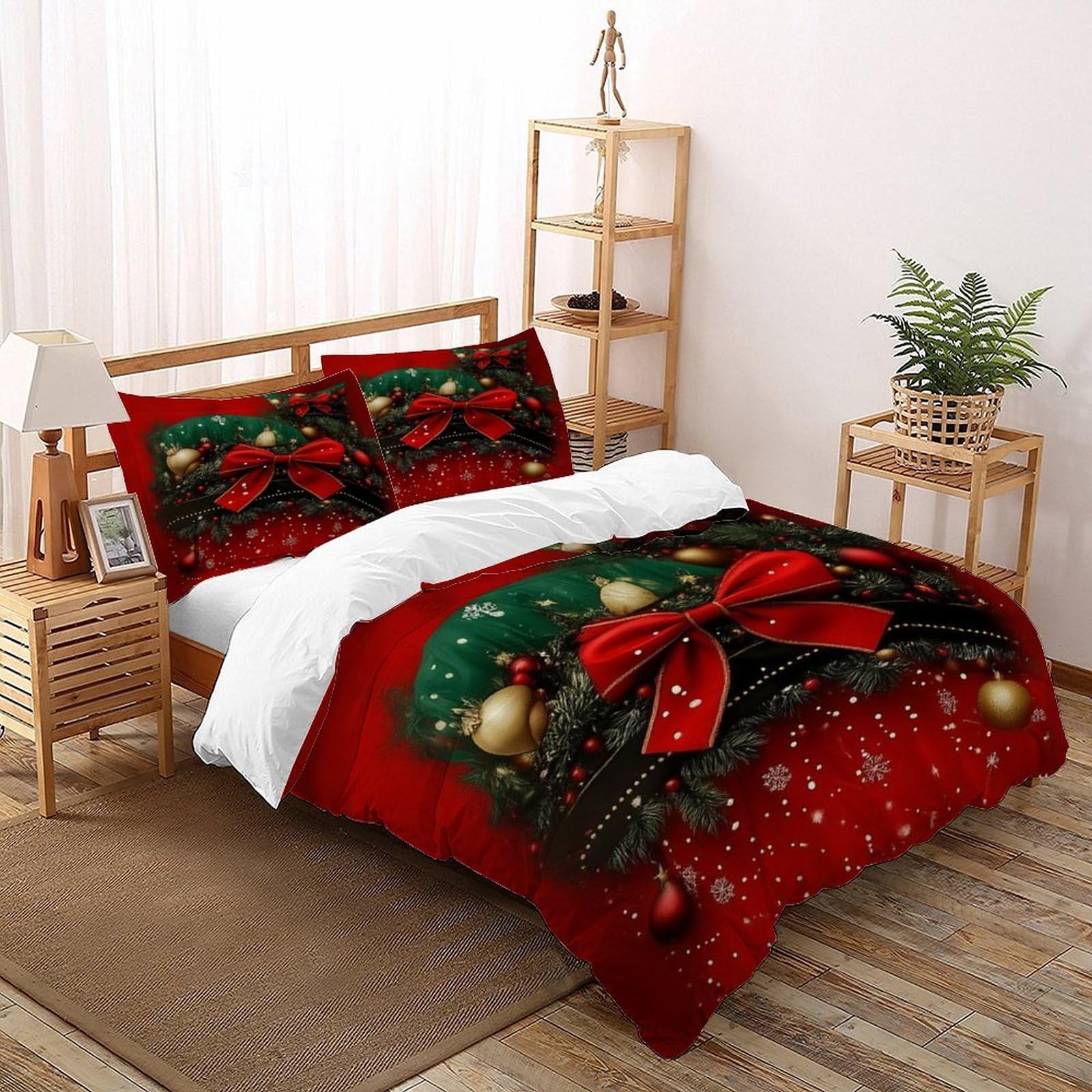 Housse de couette Noël 260x220 cm avec 2 taies d'oreiller microfibre rouge