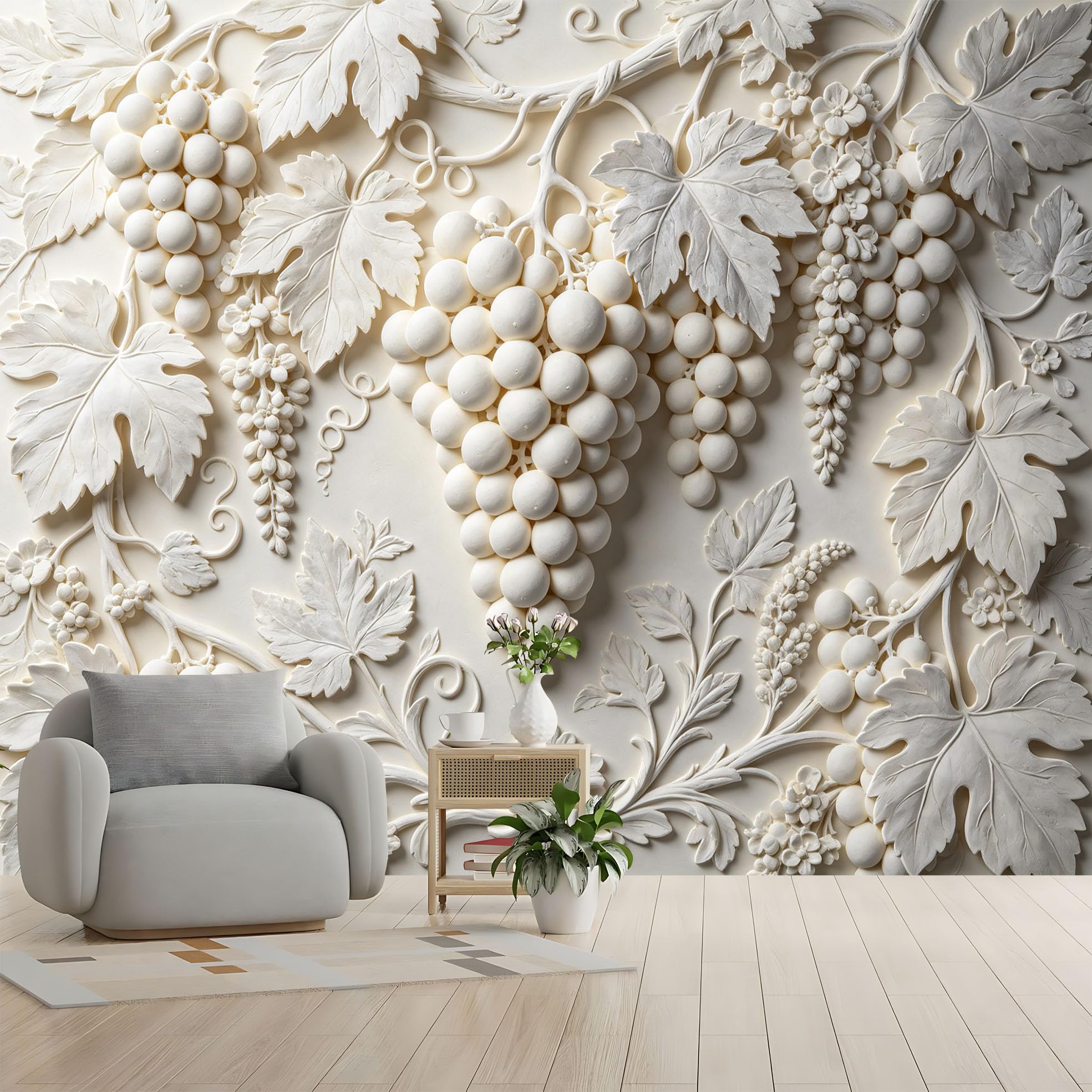 Malarstwo ścienne z winogron 3D tłoczone kiście winogron Botaniczna włóknina tapeta europejska vintage rzeźba winnicy fototapeta 250 x 175 cm kremowo-biały akcent ściana do salonu i sypialni Druive