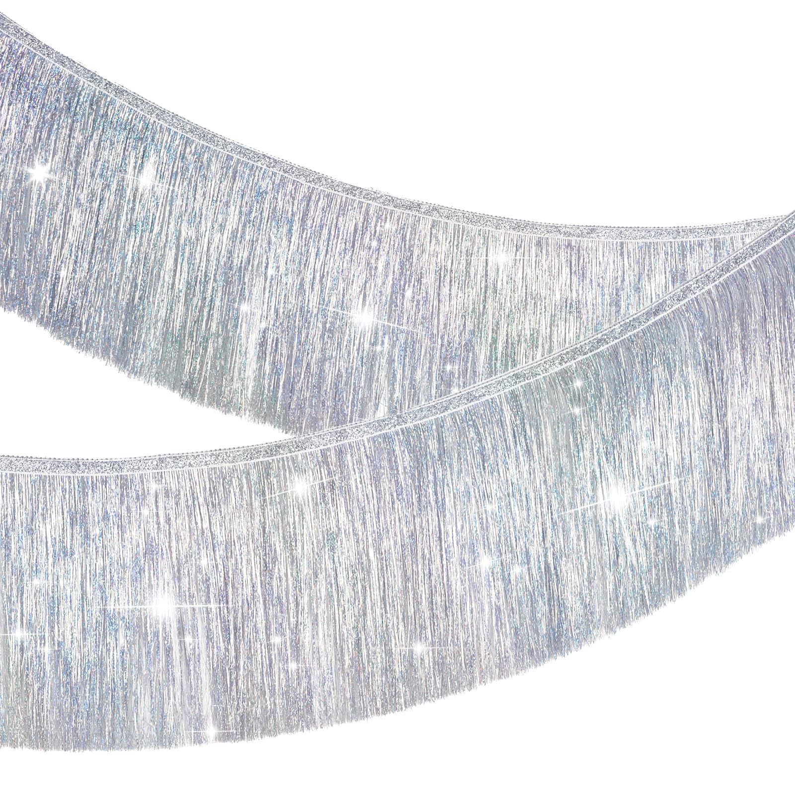 jijAcraft Silver Tinsel Fringe Garland: 2M Glitter Metallic Foil Fringe Garland, 20cm Shiny Tinsel Party Decoration for Car Parade Floats Birthday Weddings Christmas
